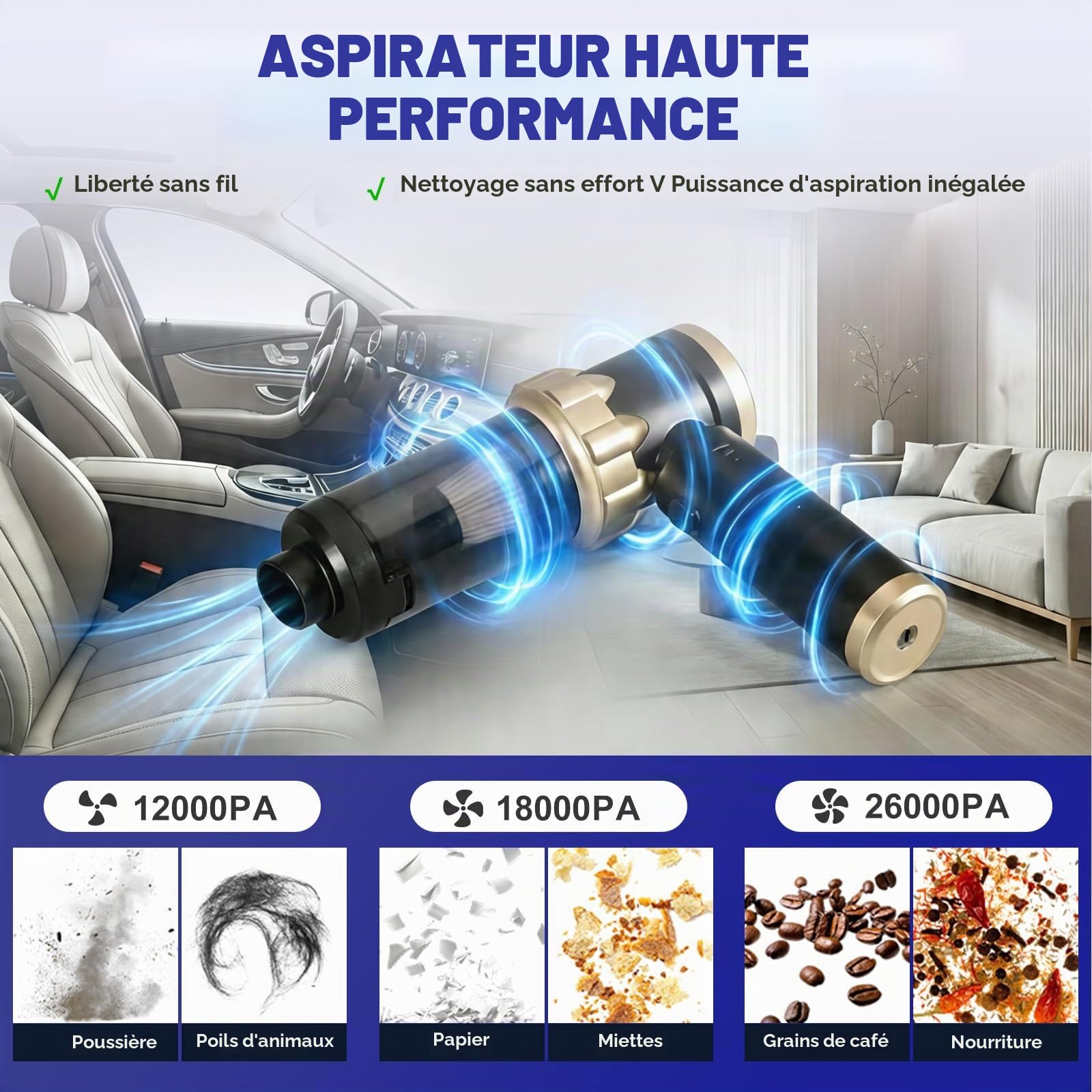 Aspirateur Voiture Table Voiture Puissant, Aspirateur a Main sans Fil, Mini Aspirateur à Main, 4 en 1 26000 PA, Convient pour Le Nettoyage de la Voiture et de la Maison, Or Noir