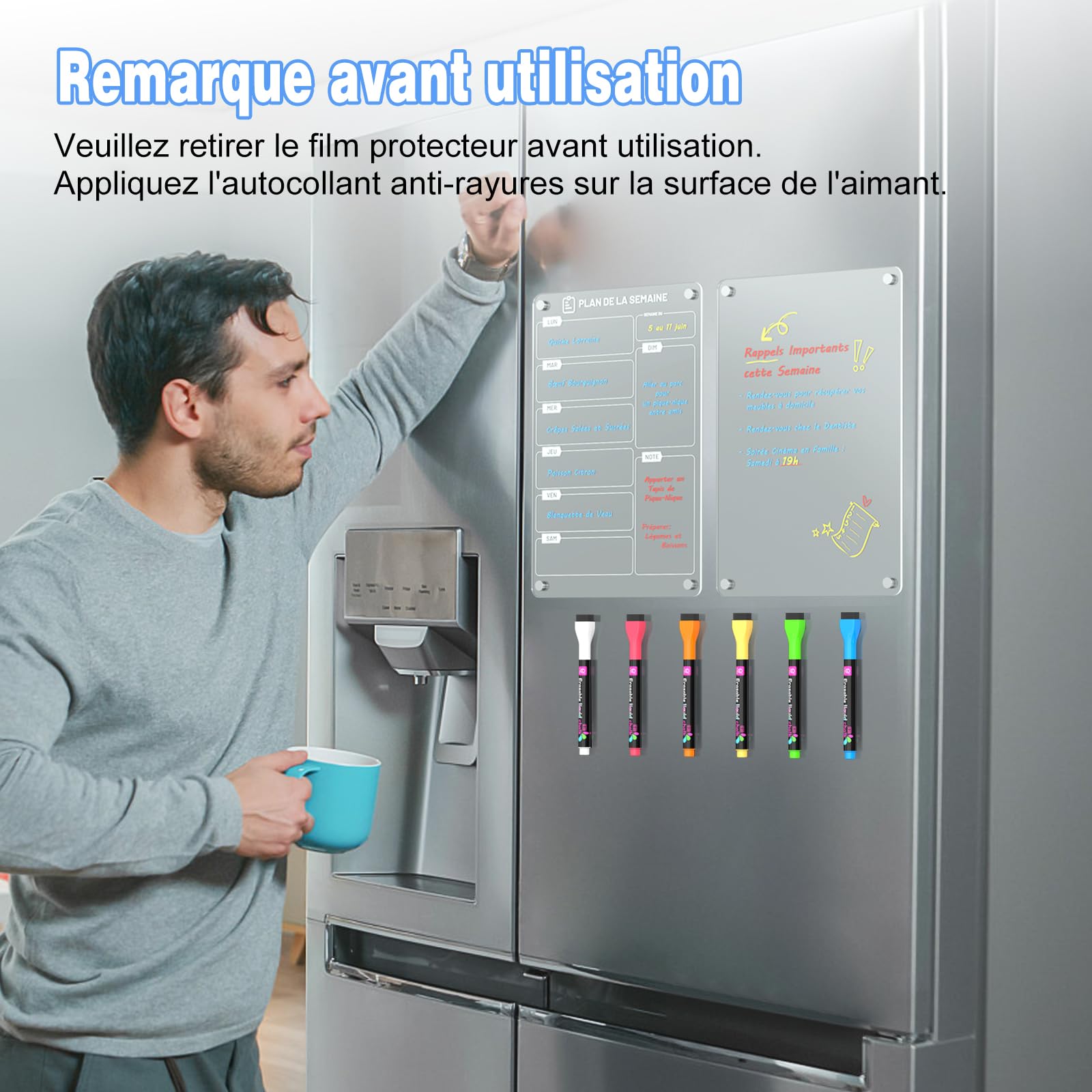 Lot de 2 Tableau Magnétique Frigo 30 x 20 cm Acrylique Planning Semaine Effaçable Transparent avec Marqueur à Craie Liquide 6 Couleurs