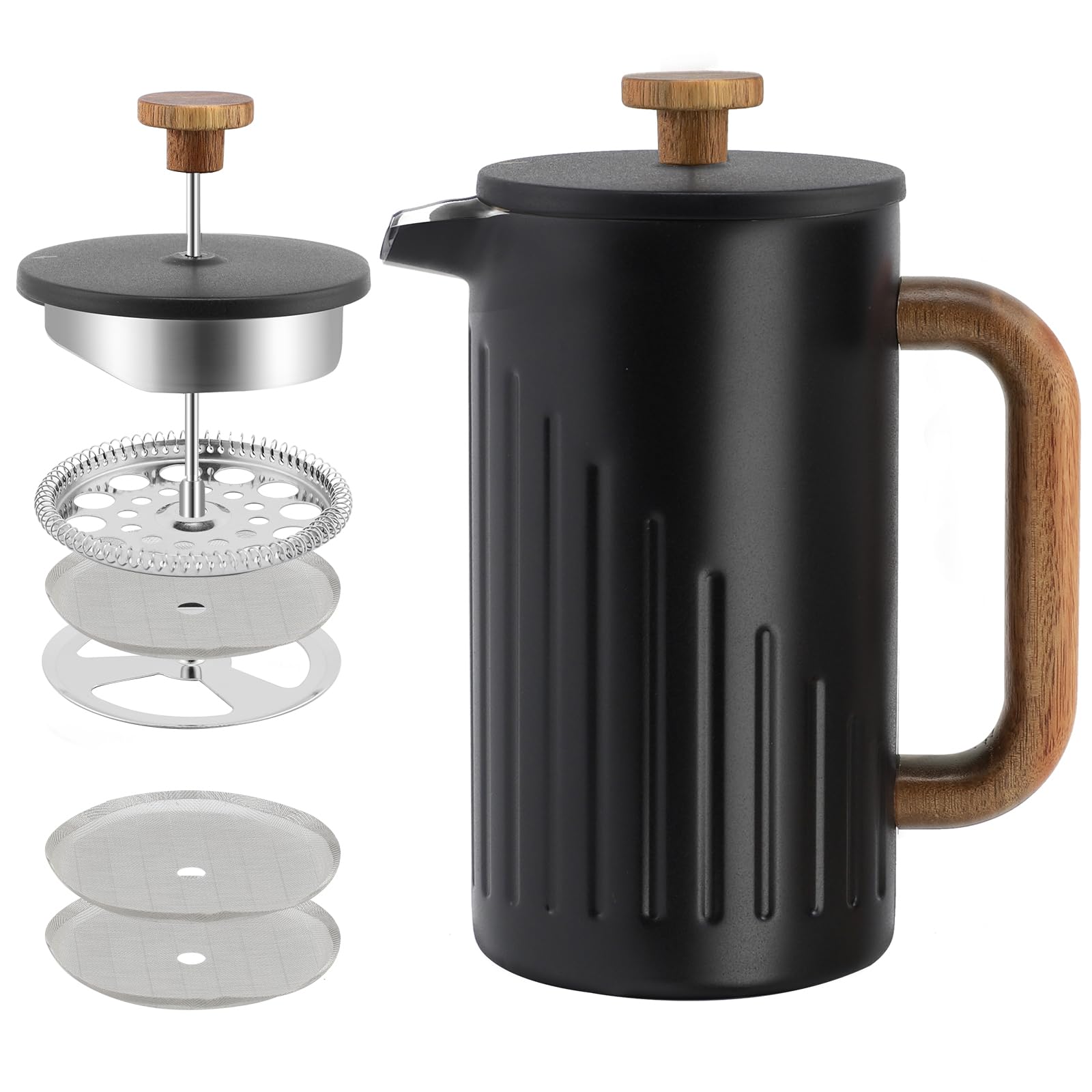 Rorence 34oz French Press Coffee Maker, Coffee Press with Real Wood Handle & Plunger Head, Double Wall Insulation & Dual-Filter Screen, incl. replaced filters & instructions, Black