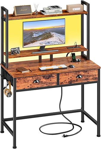 Furologee Escritorio pequeño para computadora de 36 pulgadas con gabinete y cajones, escritorio de oficina en casa con estantes de 2 niveles, tomas