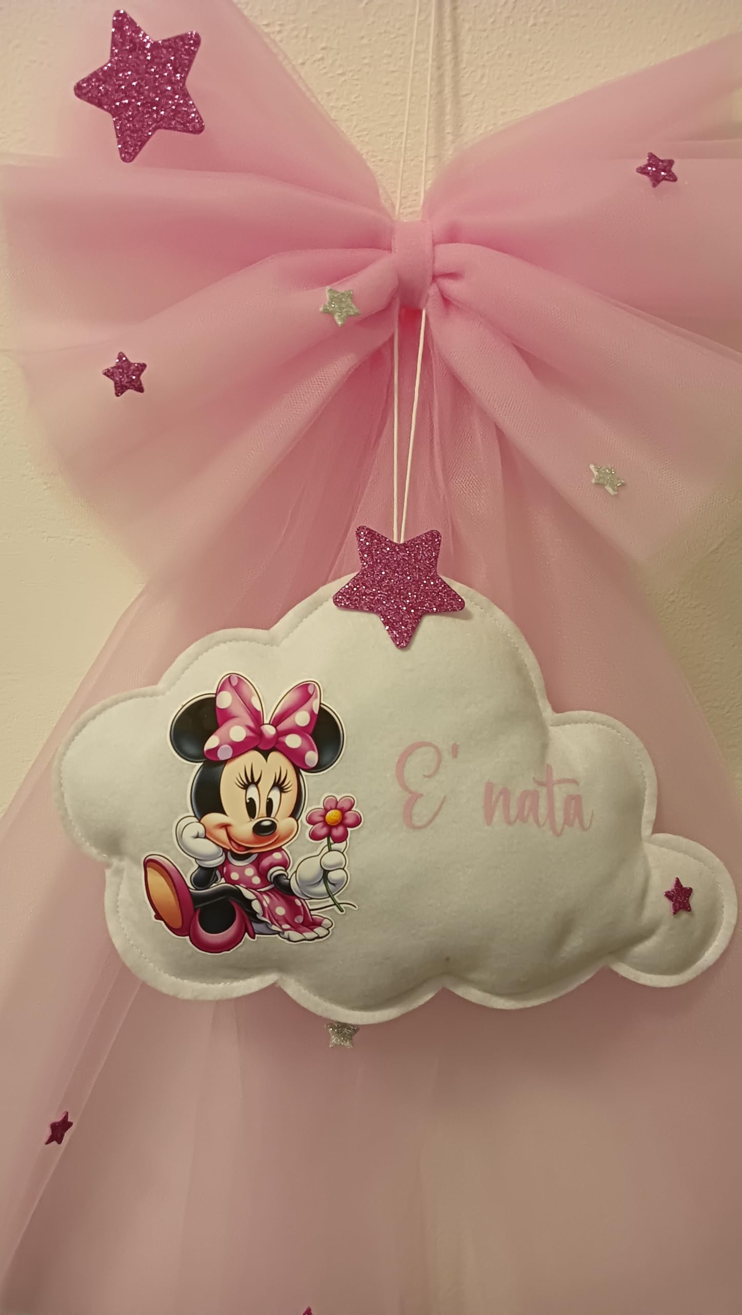 Fiocco nascita bimba in tulle rosa con nome personalizzato