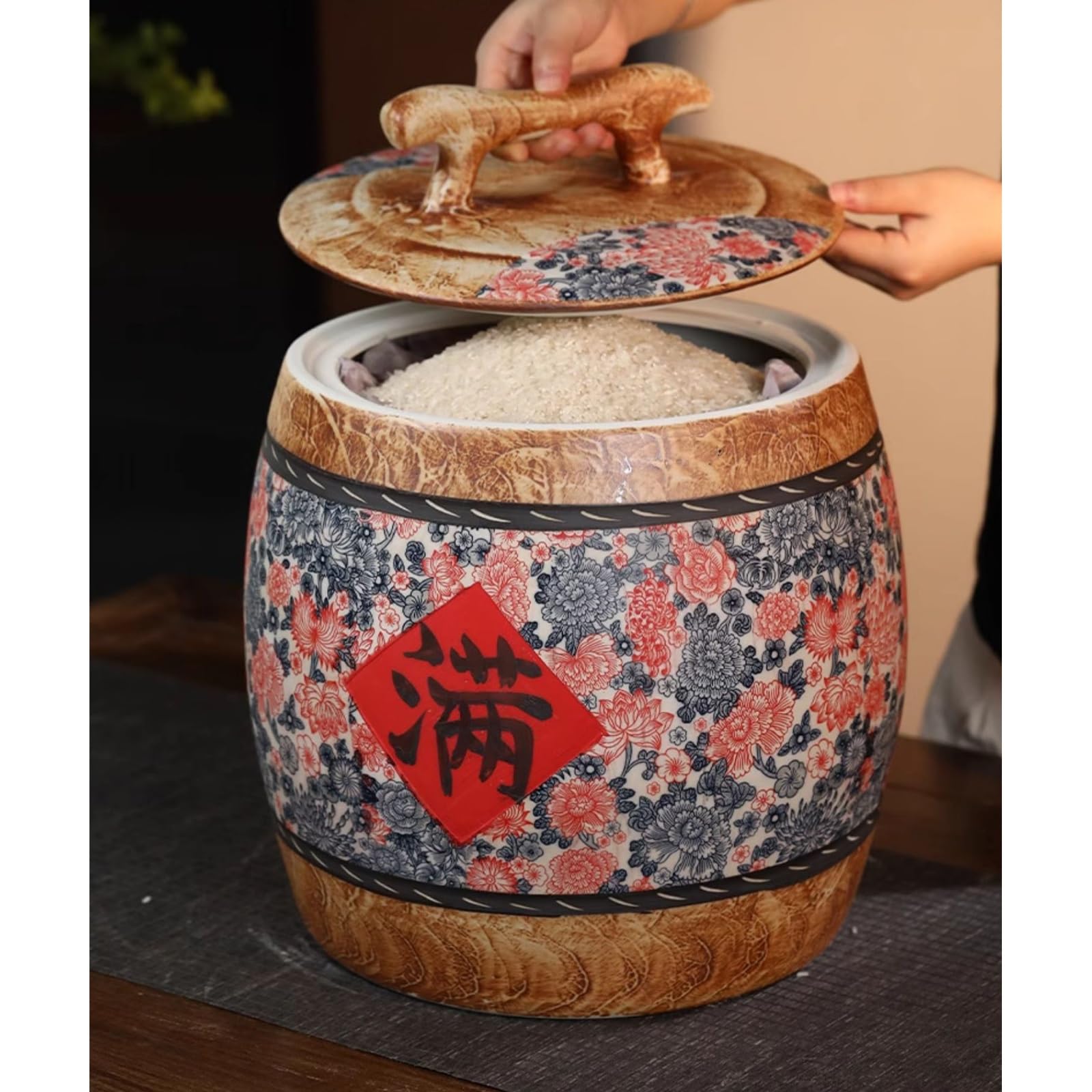 Contenitore In Ceramica Per Riso, Cilindro In Ceramica Per Riso Con Coperchio, Vasi Di Conservazione Alimentare In Stile Cinese, Distributori Di Cibo Classici, Secchio In Ceramica Per Riso(B,25KG)