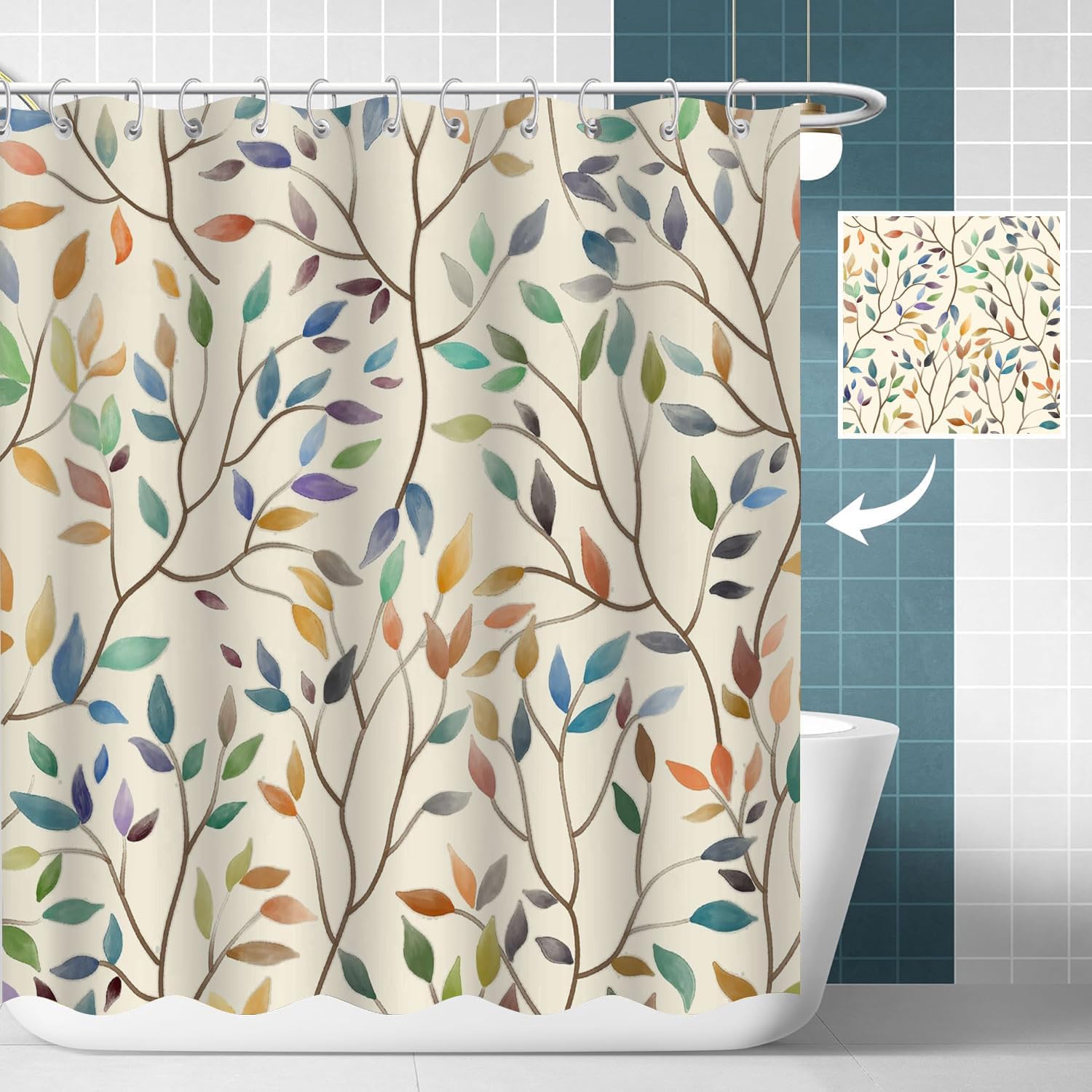 Shower Curtain Boho Floral, Fall Colorful Flower Leaves Machine Washable for Bathroom Bathtub Decor with 12 Hooks, 60x72 Inch