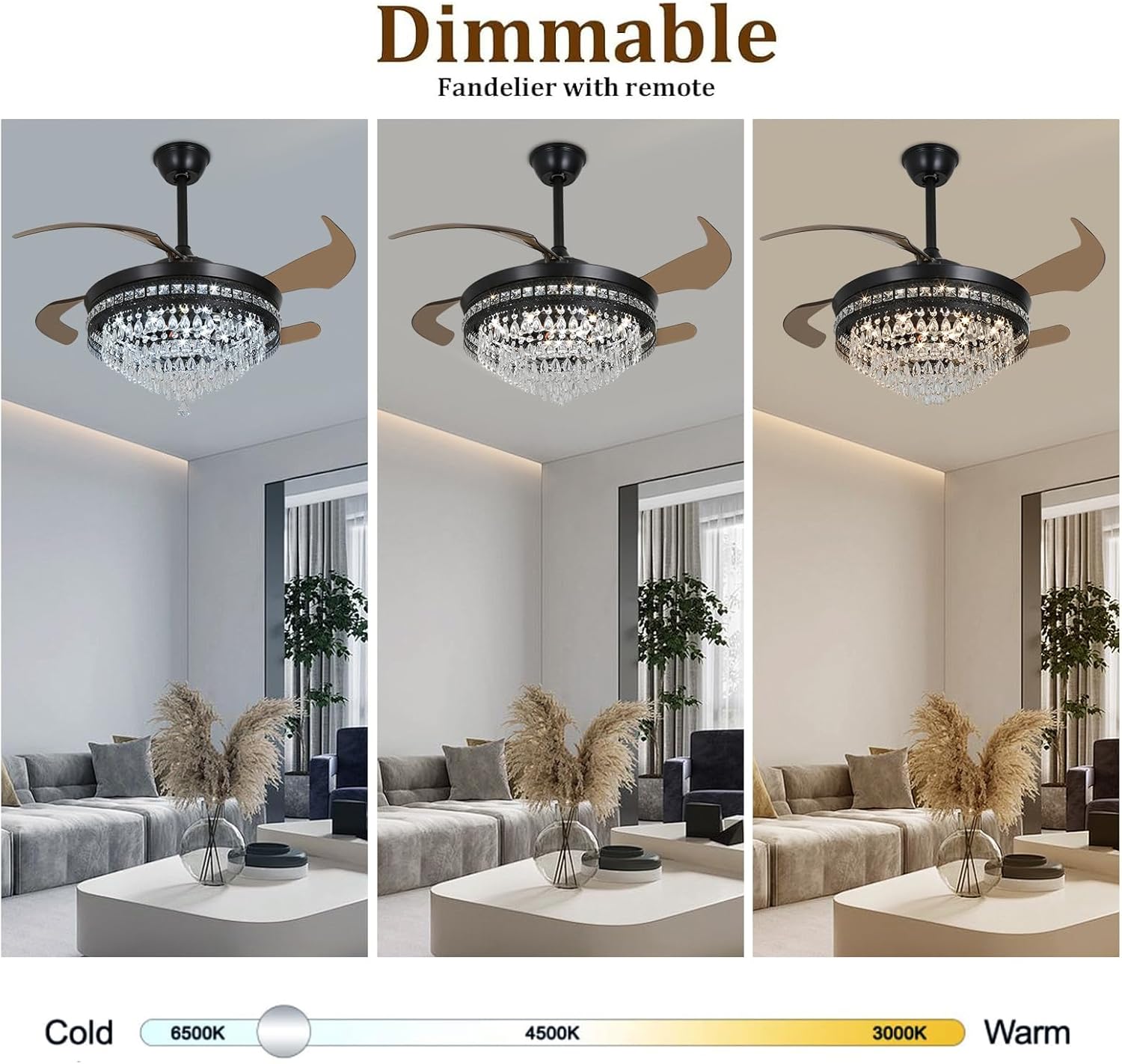 42 Inch Fandelier Ceiling Fan with Lights and Remote, Dimmable Crystal Chandelier Fan, LED Crystal Fan Light Kit for Dining Room Bedroom