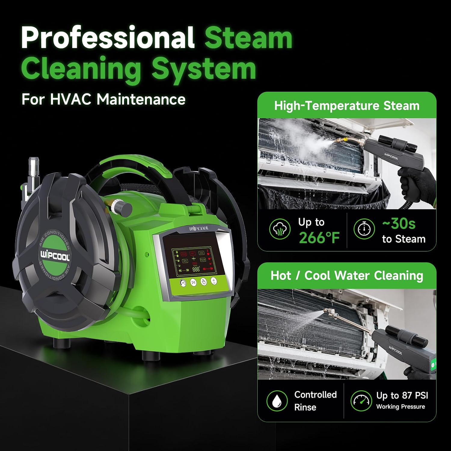 WIPCOOL C30S Portable HVAC Steam Cleaner, 44-87 PSI Pressure, 266-302°F Steam, 30-Second Heat-Up, 5 Cleaning Modes for AC Coil Cleaning