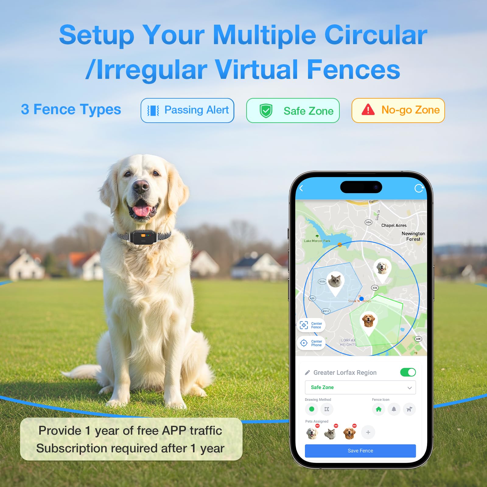 Valla eléctrica para perro, collar de perro con valla virtual inalámbrica, collar inteligente para perro con GPS | AOZOOM Rastreador GPS para mascotas con aplicación, cercas irregulares personalizadas, localizador de mascotas, color negro