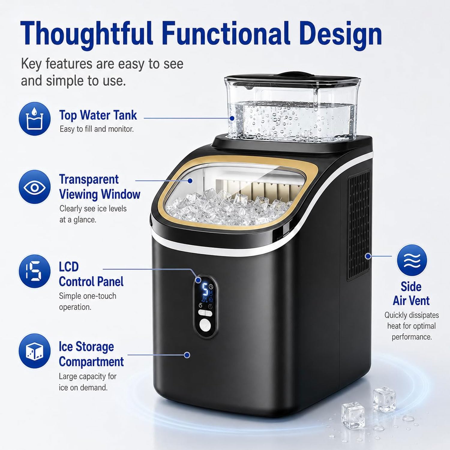 JOSBY Máquina De Hielo Portátil De 20 Kg/día, con Pantalla LCD Y Depósito De Agua Desmontable De 1,5 L, Autolimpieza, Temporizador De 24 Horas, Congelación Eficiente, Ideal para El Hogar, La Oficina