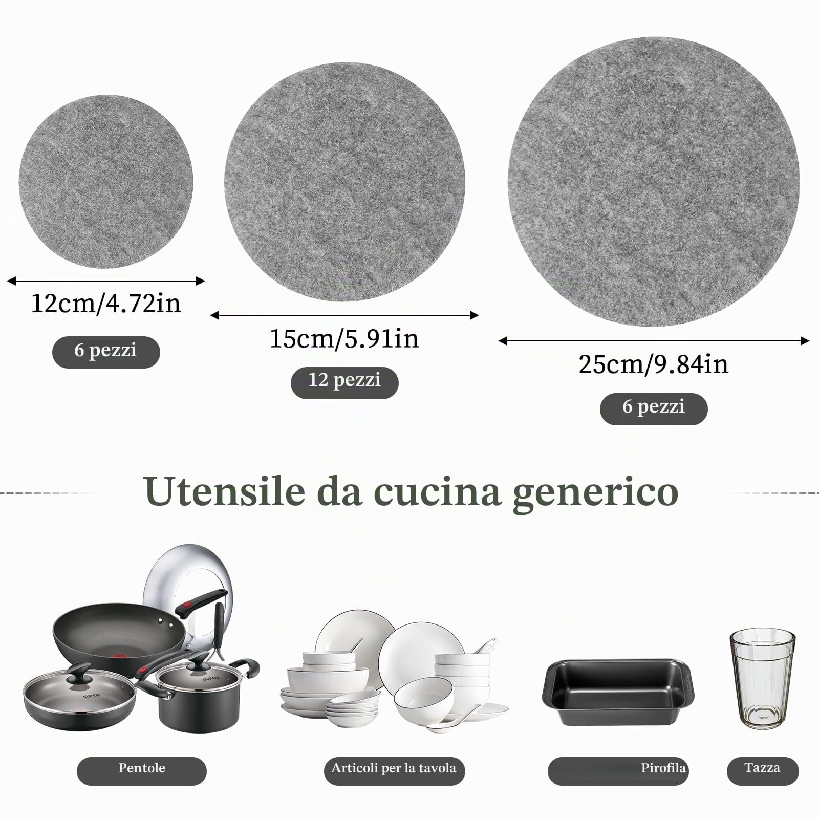 24 pezzo separatori piatti feltro,Rotondi cuscinetti divisori,Divisori per piatti in feltro,Adatto per posate, pentole da cucina, padelle e ciotole