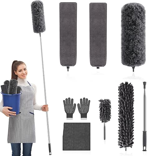 Kits de plumero de microfibra de 9 piezas, plumeros extensibles y flexibles con poste de extensión largo, plumeros ligeros lavables para limpiar