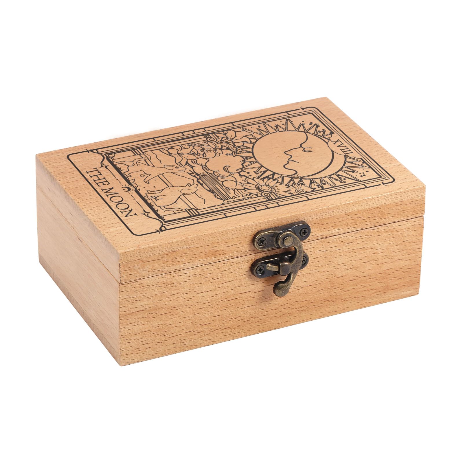 GLOBLELAND "The Moon Beech Wooden Tarot Storage Box for Tarot Cards Engraving Jewelry Box Tarot Card Box for Crystal Holder Storing Holy Witchcraft Tools 5.12x3.23x1.46in