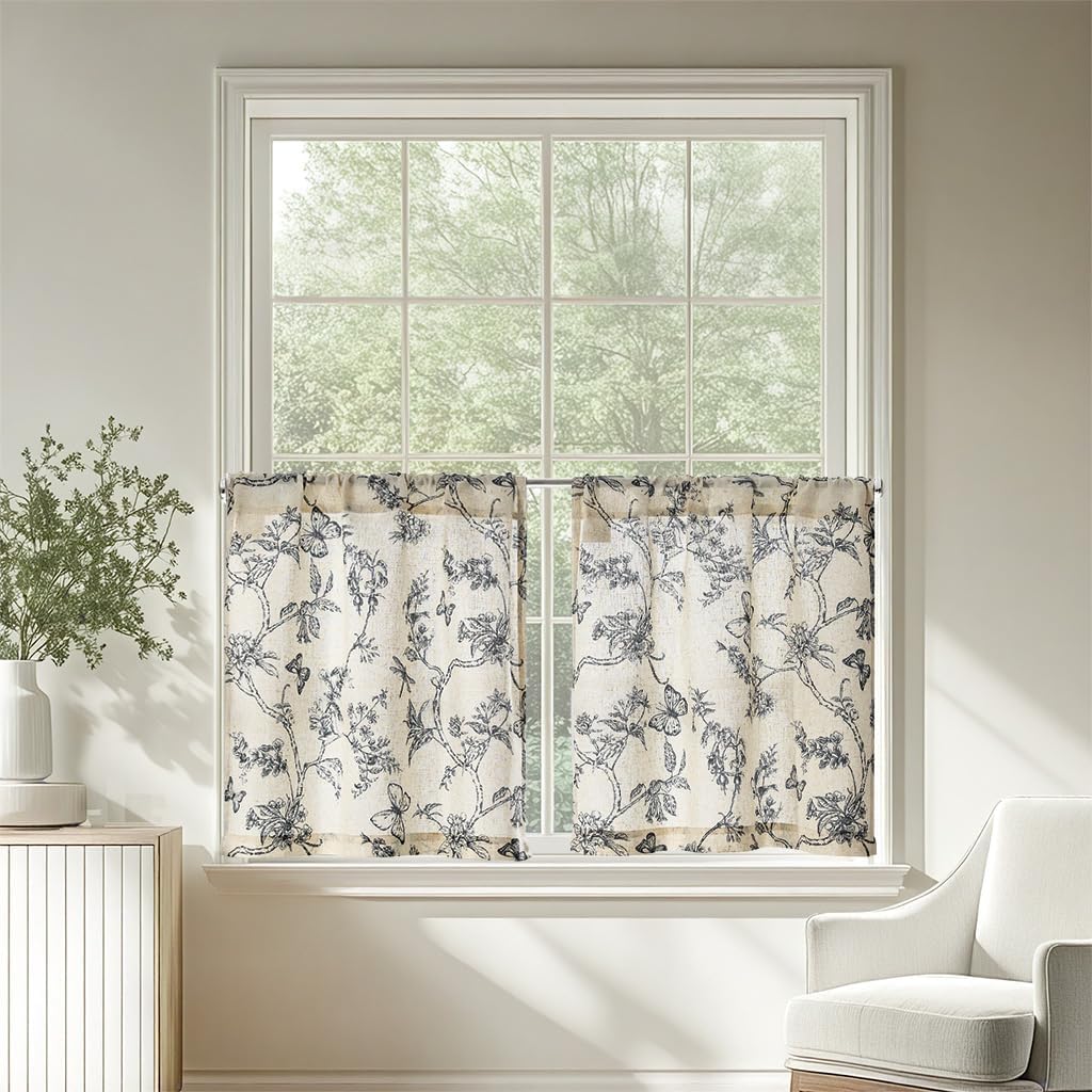 jinchan Floral Kitchen Curtains for Windows 24 Inch Farmhouse Country Linen Tier Curtains Botanic Small Window Drapes for Living Room Bathroom Laundry RV Rod Pocket Rustic 2 Panels Black on Beige