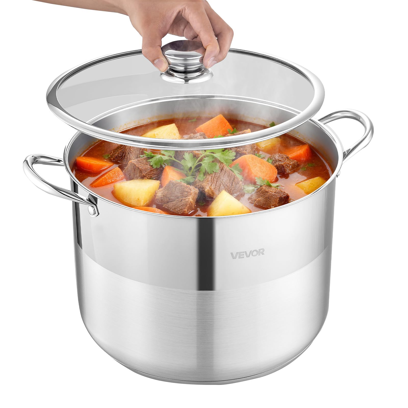 VEVOR Pentola in Acciaio Inox da 15,1 Litri, Casseruola in Acciaio Inox Ø 320x240 mm con Coperchio in Vetro per Cottura da Cucina Brodo, Pasta, Zuppa, Catering Ristorante, Piani Cottura a Gas