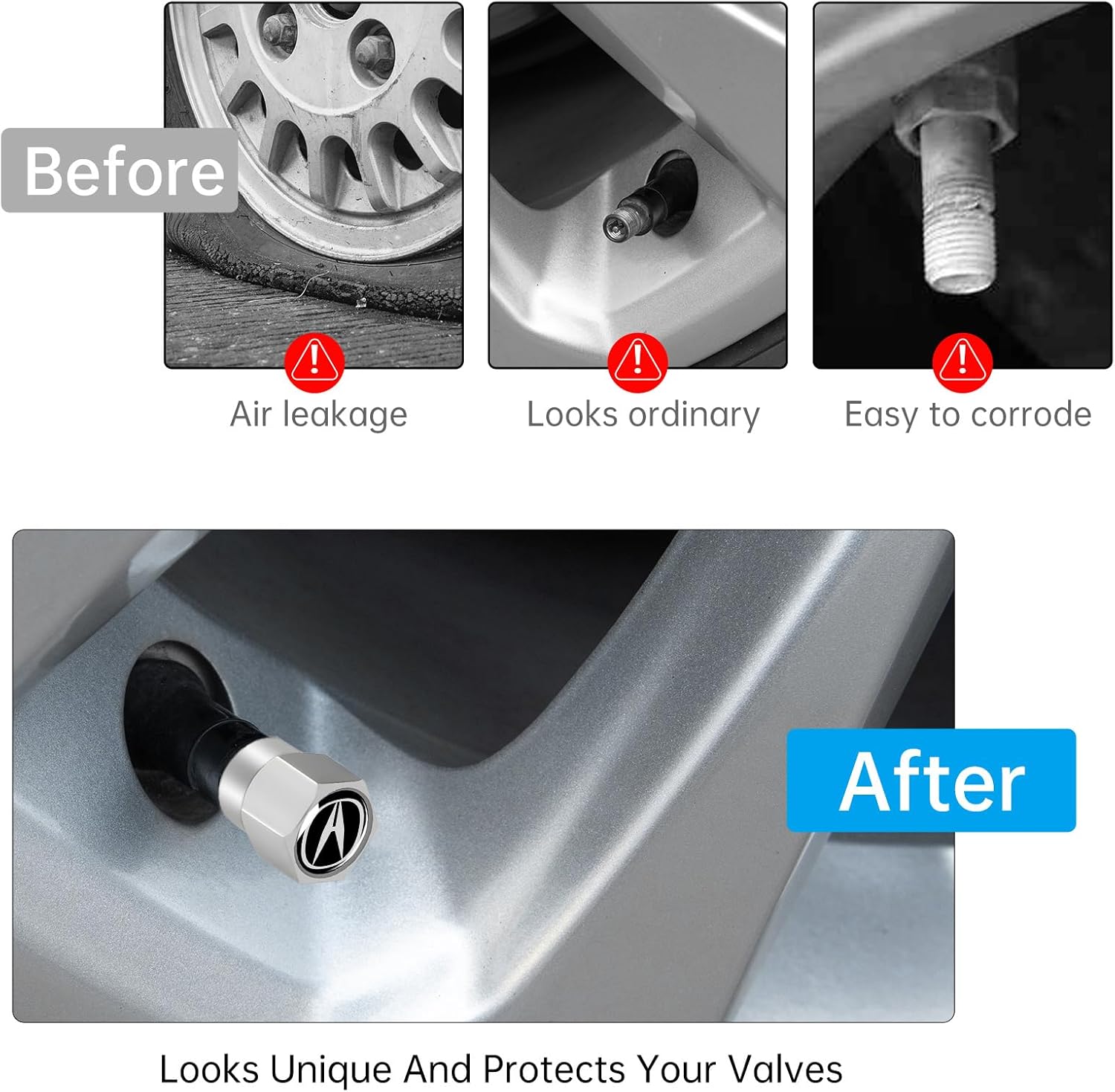 Tire Valve Stem Cap for Acura Metal Tire Stem Cover with Belt O-Ring Air caps Sports Accessories 4 Pack - Image 4