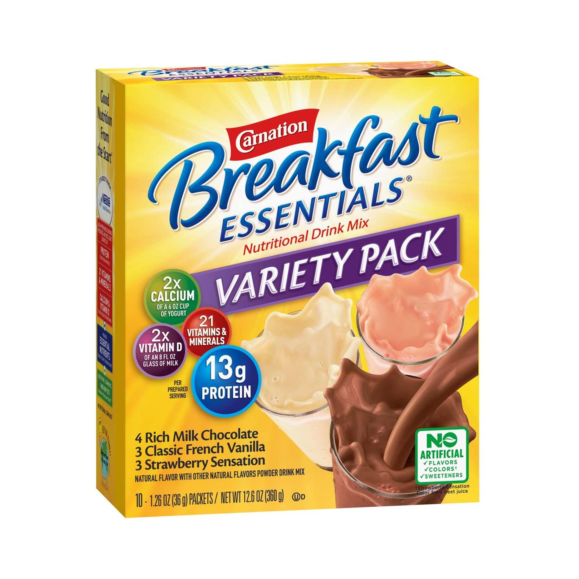 Nestle Carnation Breakfast Essentials Complete Nutritional Drink Rich Milk Chocolate/Classic French Vanilla/Strawberry Sensation Flavor 60 Ct