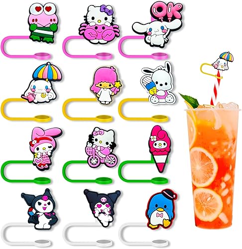 Fundas de popote de anime para accesorios de pajilla, protectores de paja de dibujos animados para popotes reutilizables (12 piezas de animal)