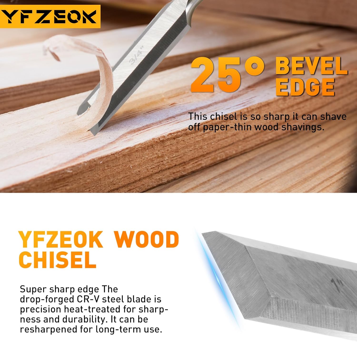 Wood Chisel Sets，4-Piece Woodworking Tools Set, CR-V Steel Beveled Edge Blades with Safety Caps. Durable PVC High Impact Handle, for Precision Carving & DIY Projects (1/4", 1/2", 3/4", 1")