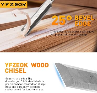 Wood Chisel Sets,4-Piece Woodworking Tools Set, CR-V Steel Beveled Edge Blades with Safety Caps. Durable PVC High Impact Handle, for Precision Carving & DIY Projects (1/4, 1/2, 3/4, 1)