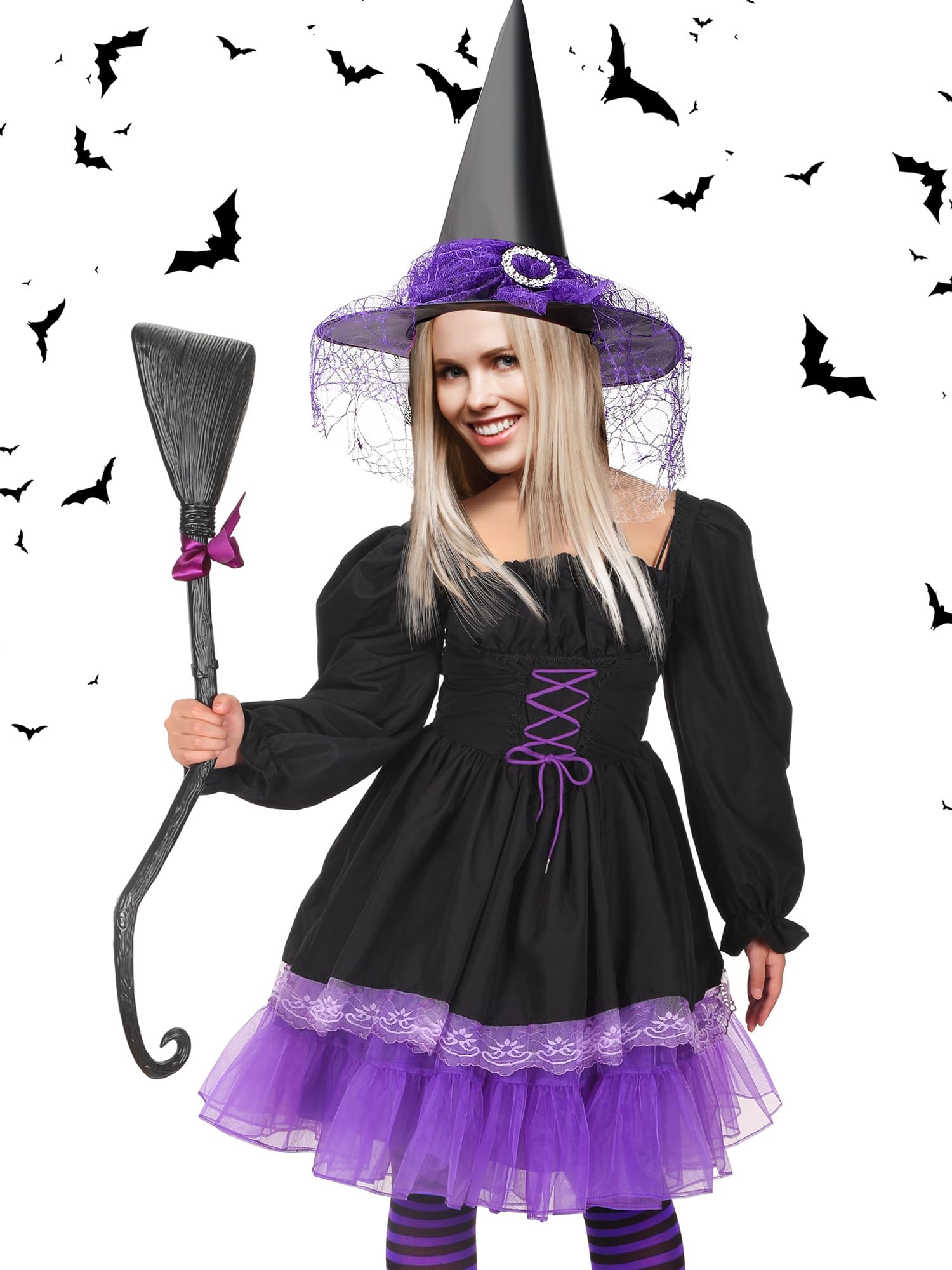 Xtinmee 4 Pcs Classic Witch Costume Women Halloween Witch Dress Witch Hat Witch Broom with Ribbon Purple Nylon Striped Tights (Large)