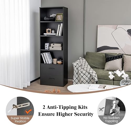 Miniatura 6 de Giantex Estantería de 4 niveles de 74 pulgadas de alto con cajones, estantería estrecha negra independiente con kits antivuelcos, armario de