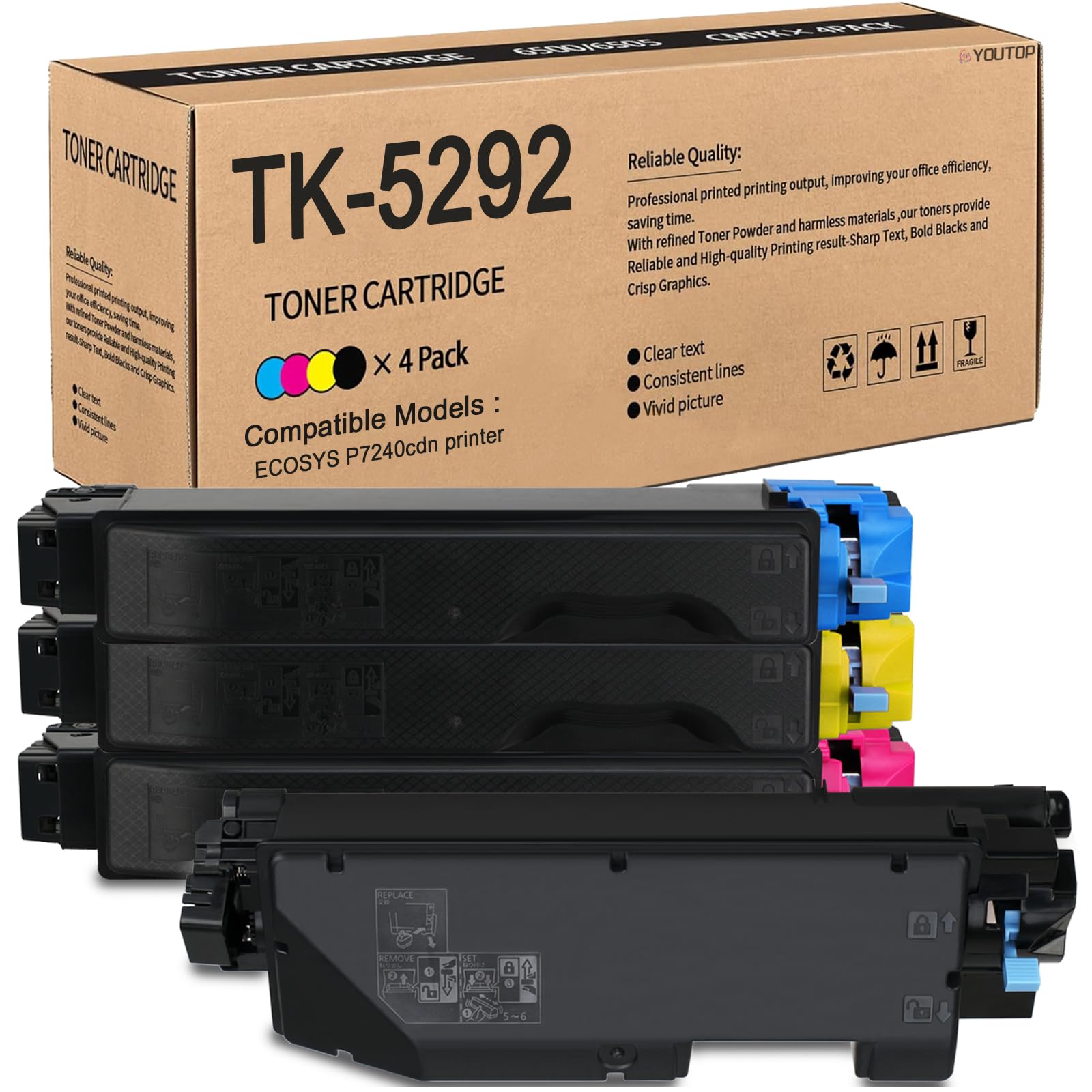 YOUTOP TK-5292 TK5292 Toner Cartridge TK-5292K TK-5292C TK-5292M TK-5292Y Color Set Replacement for Kyocera ECOSYS P7240cdn Printer