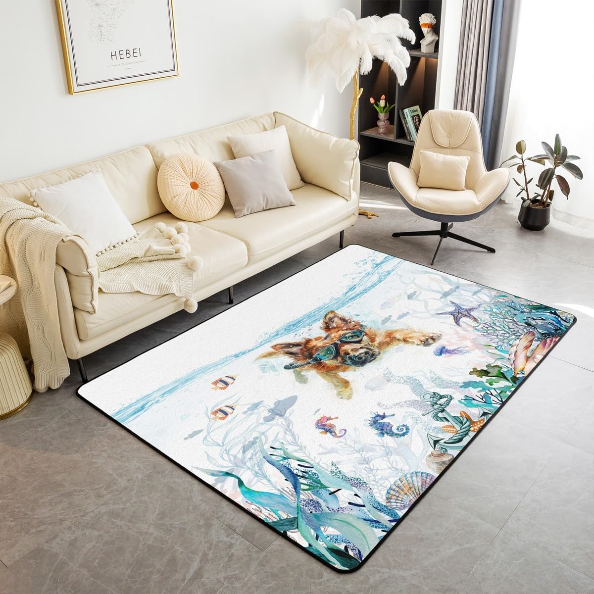 Feelyou Cute Dog Rugs for Living Room Bedroom Area Rug 3x5 German Shepherd for Kids Boys Girls Room Decor Ocean Decorative Rug Puppy Dog Indoor Floor Mat