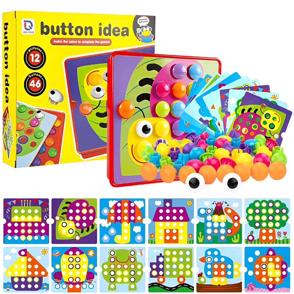 Cylora Mosaico Montessori Infantil, Juego Educativo 2-5 Años, Manualidad Creativa con 12 Cartas, 46 Botones, Tablero y Canasta, Juegos Creativo tipo puzle, Regalo Ideal Niños