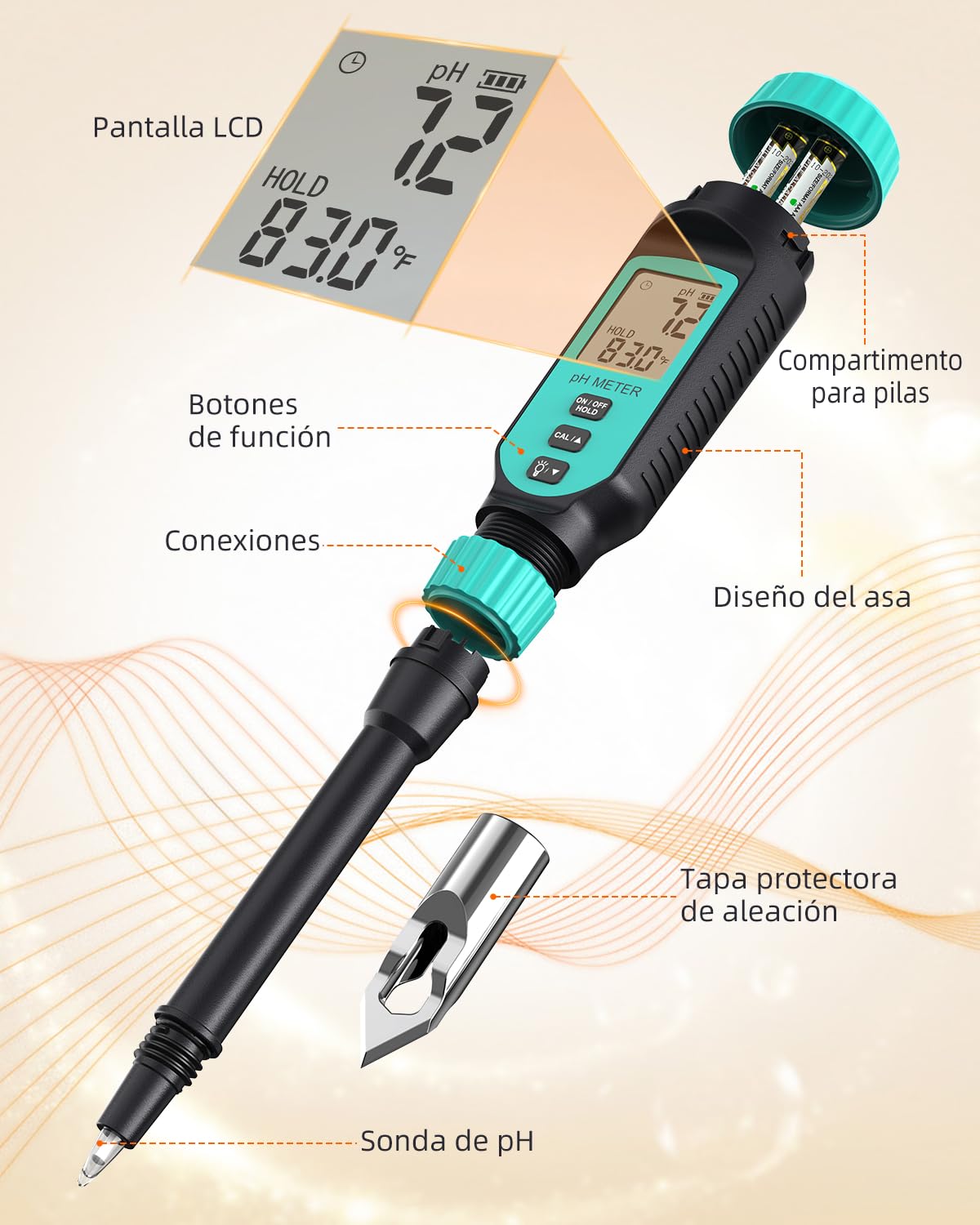 Tadeto Medidor de pH del Suelo, medidor del valor de pH para jardín, agua y alimentos con cabezal metálico protector y pantalla LCD