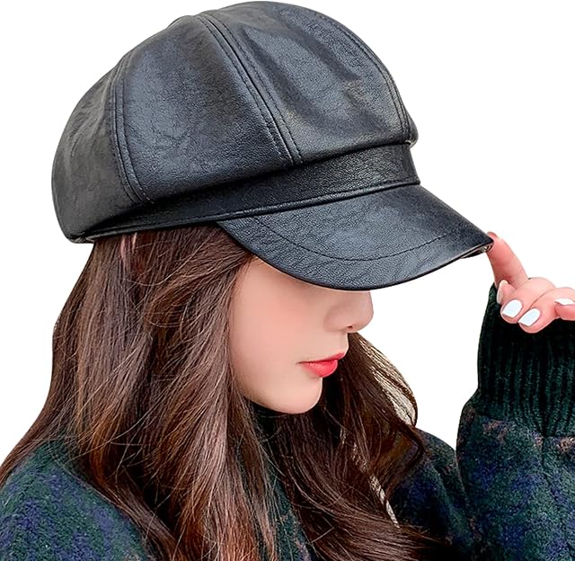FEOYA PU Leather Beret for Women Vintage Newsboy Cabbie Peaked Beret Cap French Lady Beret Fashion Warm Octagonal Hat