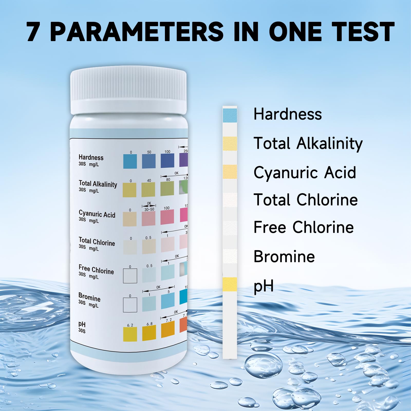 TAEING 7-Way Pool Test Strips, 100 Strips Water Chemical Testing for Hot tub and Spa, Accurate Test Bromine, Total Alkalinity, pH, Free Chlorine, Total Hardness, Cyanuric Acid, and Total Chlorine