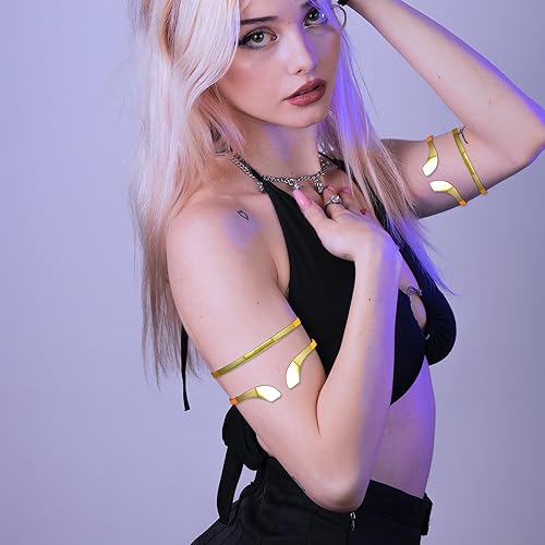 Miniatura 2 de RechicGu 2 Pieces Minimalist Egyptian Bar Curve Upper Arm Cuff Bracelet Bangle Band Open Armband Armlet Jewelry Set Belly Dance Accessories