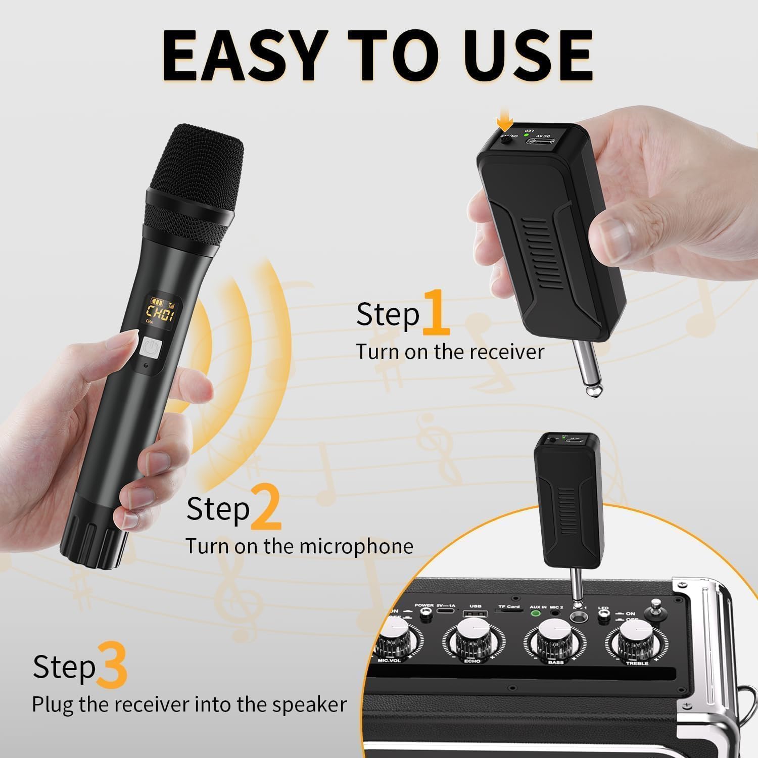 Wireless Microphones, Professional UHF Metal Dual Handheld Cordless Dynamic Mic System with Rechargeable Receiver, 1/4" Output, 160ft Range, Auto Connect for Karaoke, Party Singing, Church, Speech, DJ - Image 6
