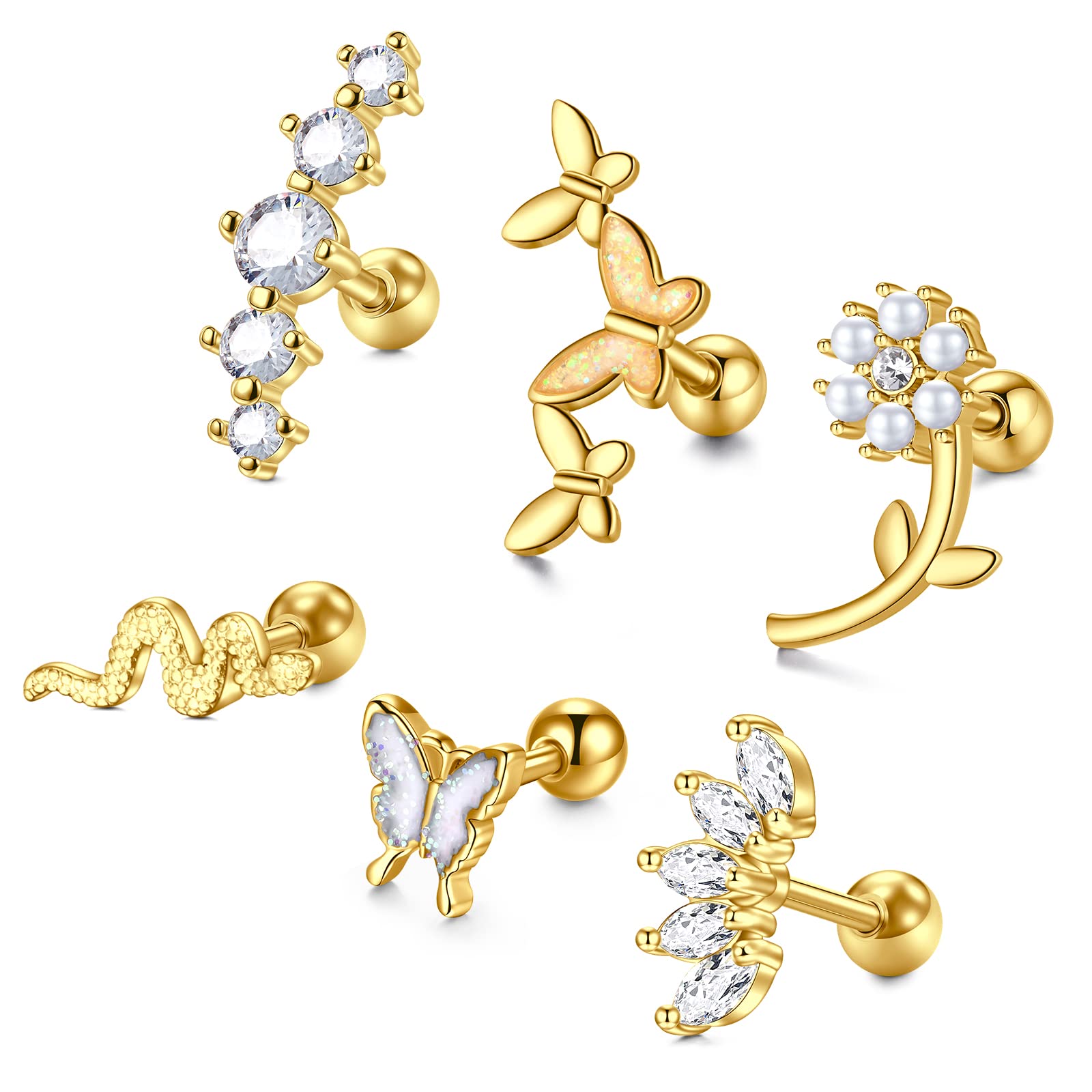 LongitaPiercing Oreja Tragus Acero Inoxidable 16G Mariposa Serpiente Helix Piercing Joyas para Mujeres Conch Piercing Oreja 6MM