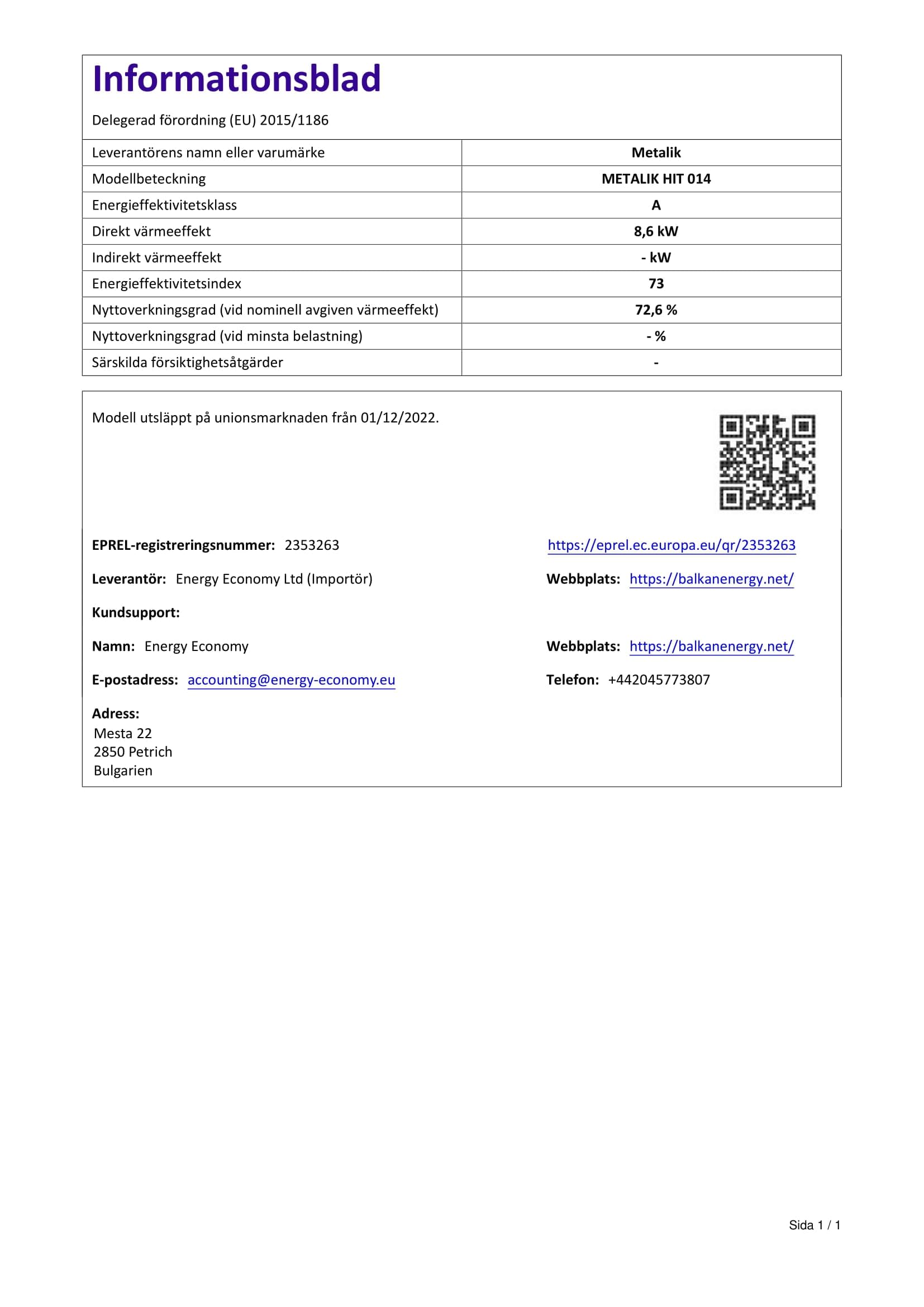 Estufa de leña BALKAN ENERGY, Modelo HIT 8.6 kW