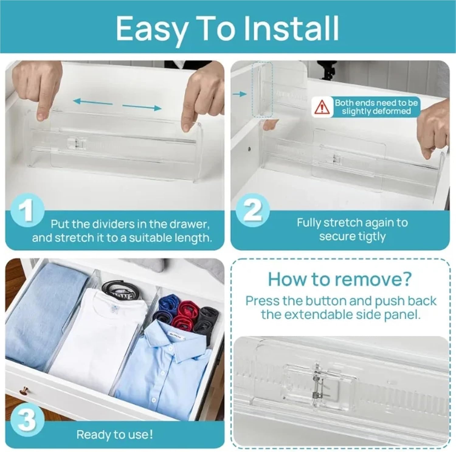 4 Pcs Transparent Divider Clear Plastic Drawer Organizers Storage Bins For Home Office For Clothes