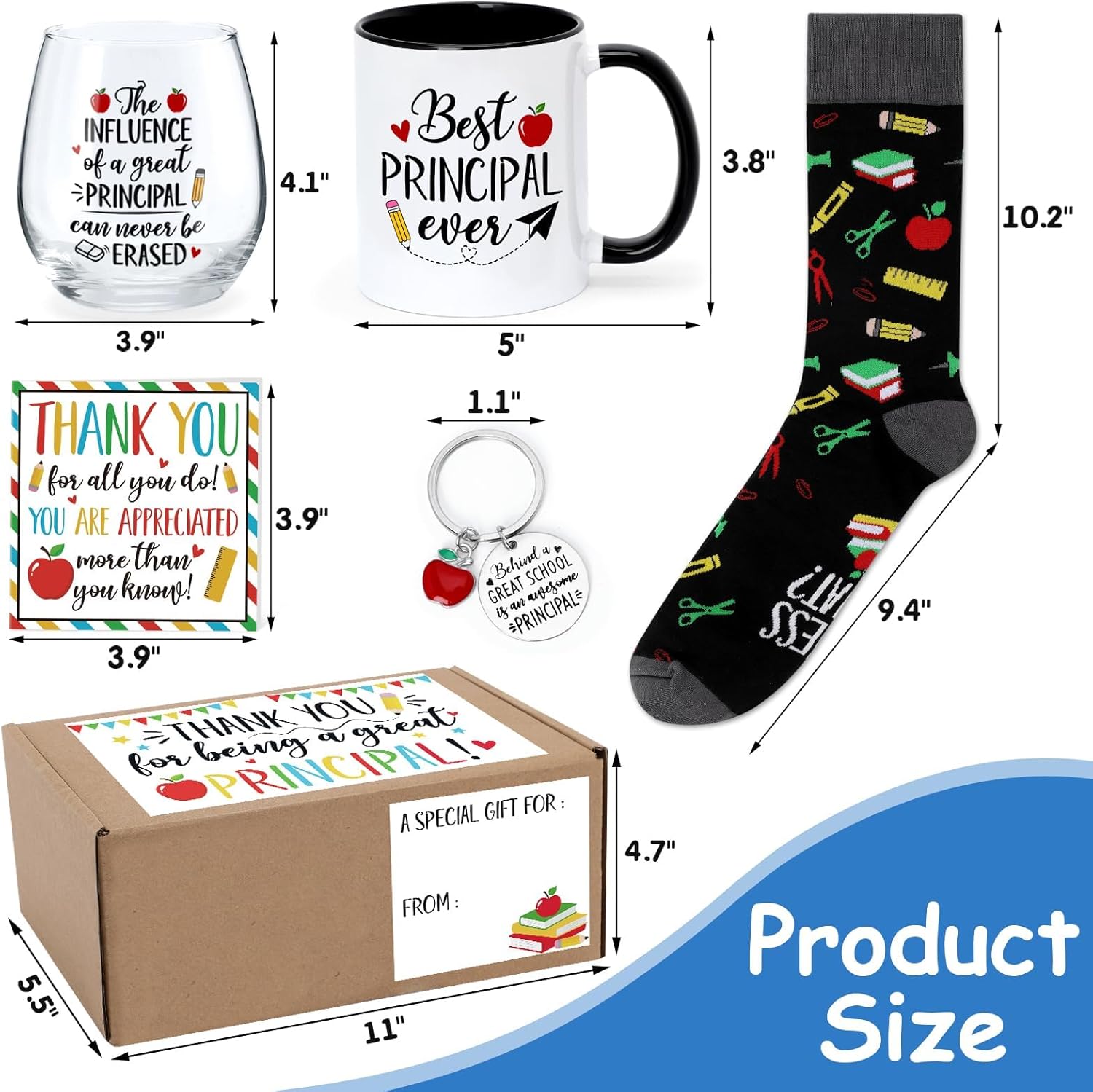 Nefelibata 5Pcs Principal Appreciation Gifts for Man Women School Assistant Funny Socks Wine Glass Coffee Mug Keychain Thank You Card Gift Box for Principal Work Graduation Christmas Retirement Gifts