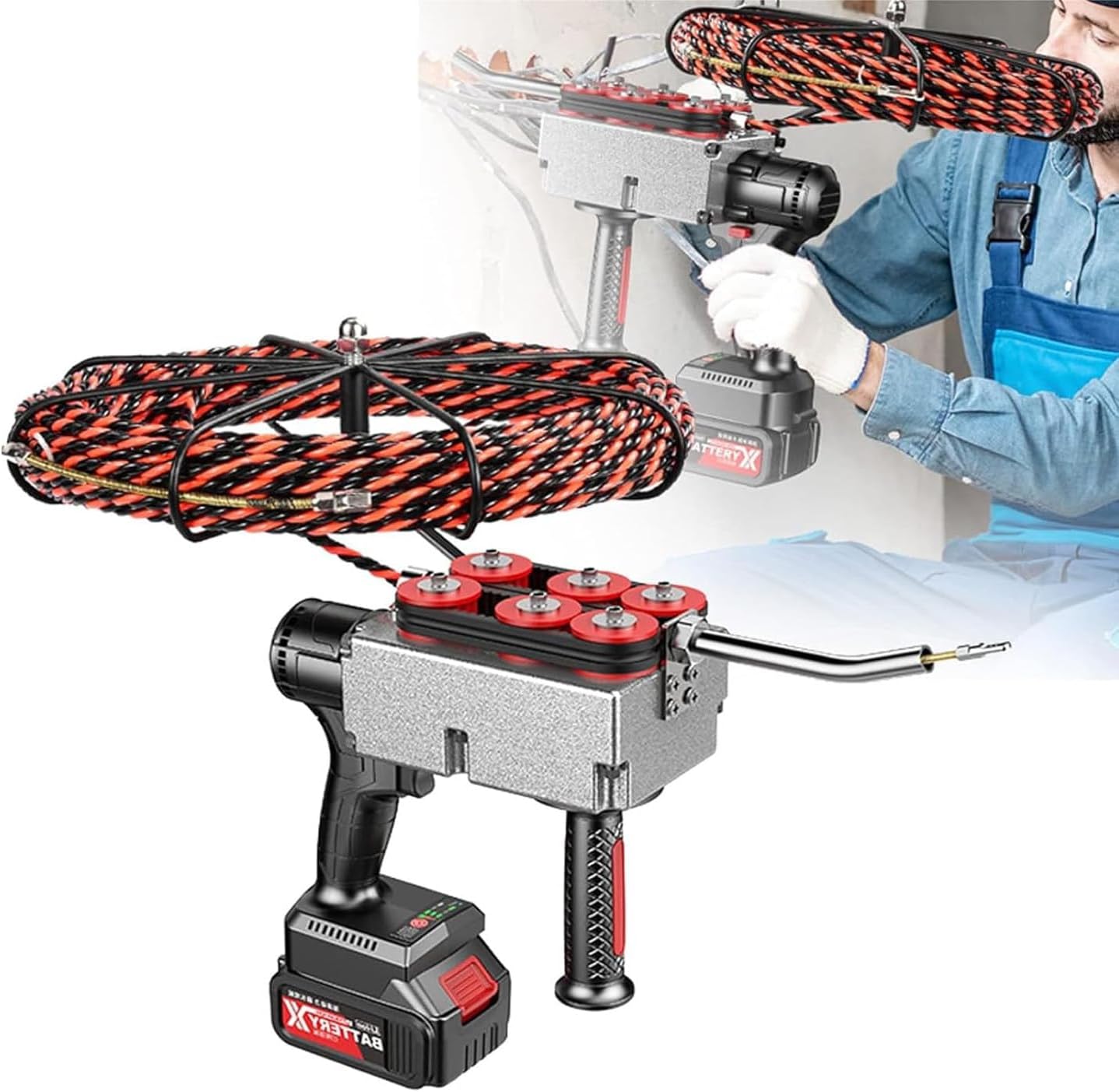 Wire Threading Machine, Electrician Hidden Wire Pulling Pipe Threader Lithium Battery Automatic Puller Through Wall Electric Wire Threading Machine 40m/Min,25000mAh-2Battery