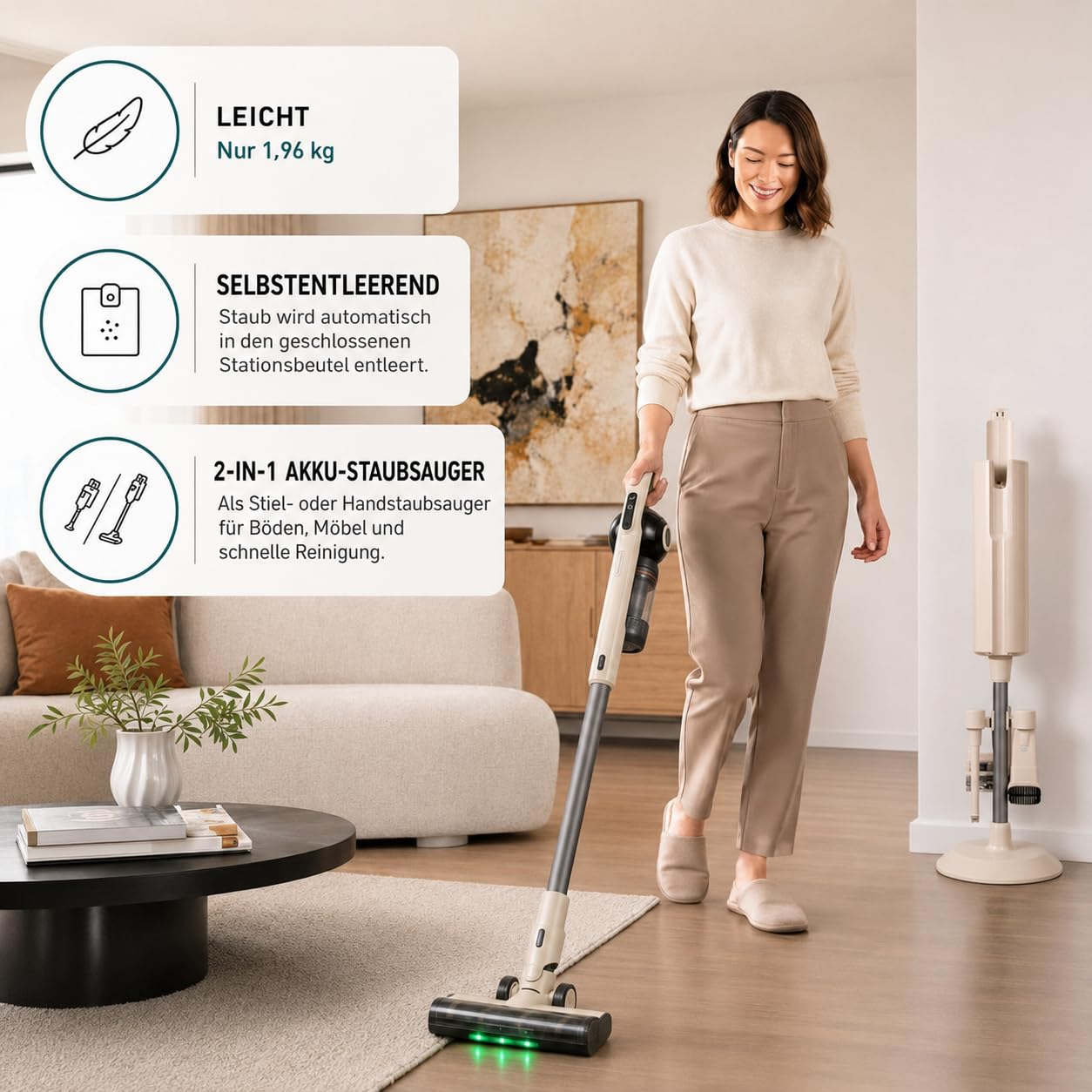 Olsen & Smith Selbstentleerender Akku Staubsauger – Leichter 5,3 kg Stiel- & Handstaubsauger, 18 kPa Saugkraft, 25 Min. Laufzeit, H13-HEPA-Filter, LED-Licht – Tierhaare, Auto & Teppich – Creme