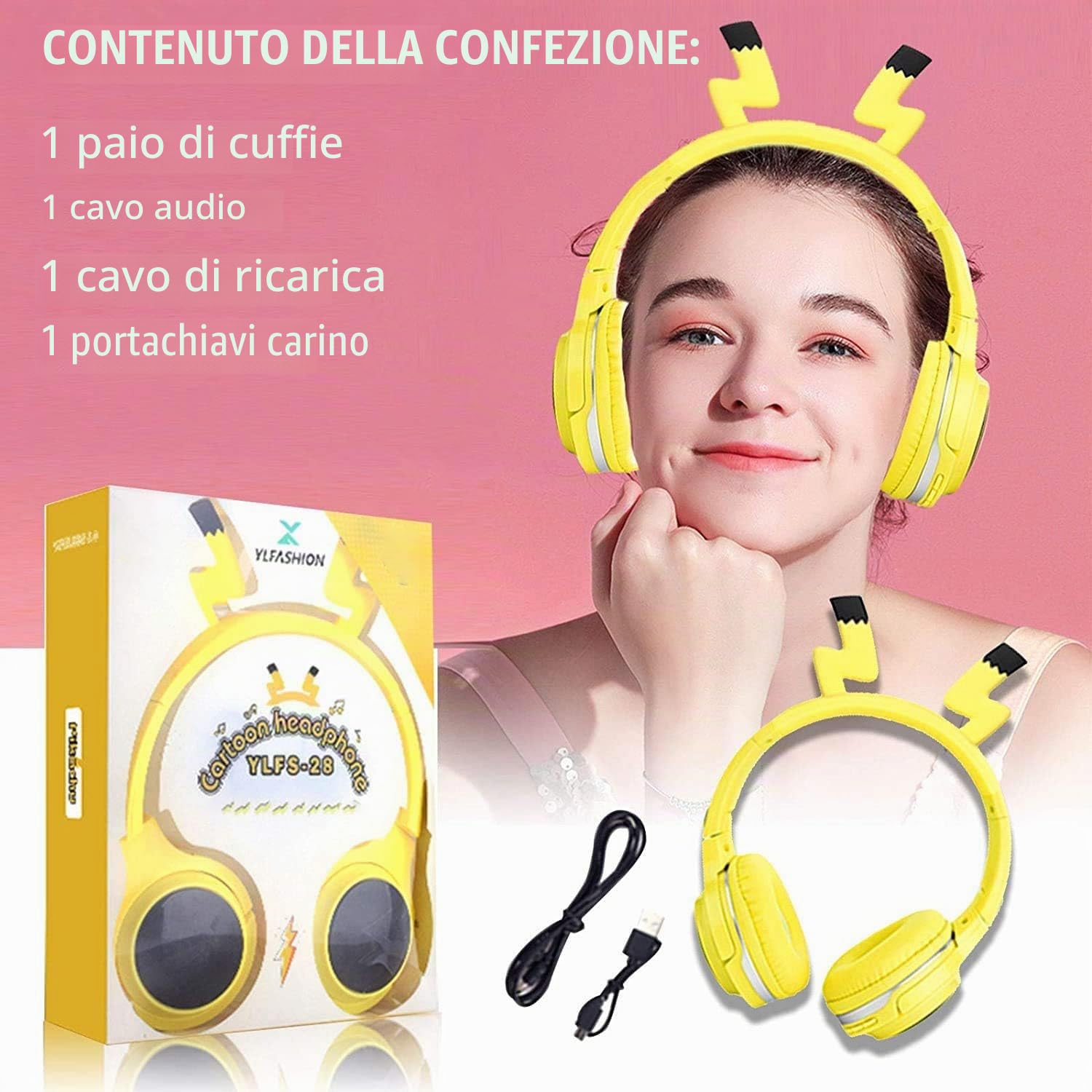 SVYHUOK Cuffie Wireless Bluetooth Bambini per Ragazzi Bambine, Giallo Cuffie con Microfono, Cuffie Over Ear Pieghevole con Luci a LED per cellulare/tablet/PC/laptop/IPad Compleanno Xmas Regali