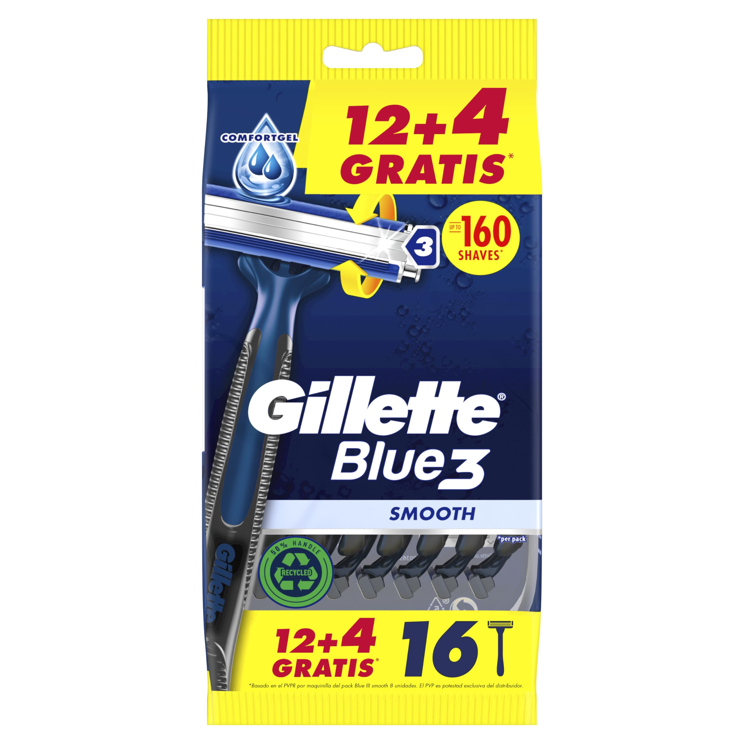 Gillette Blue3 Smooth Maquinillas Desechables Para Hombre, Tres Hojas, 12+4 GRATIS (Total 16 Uds)