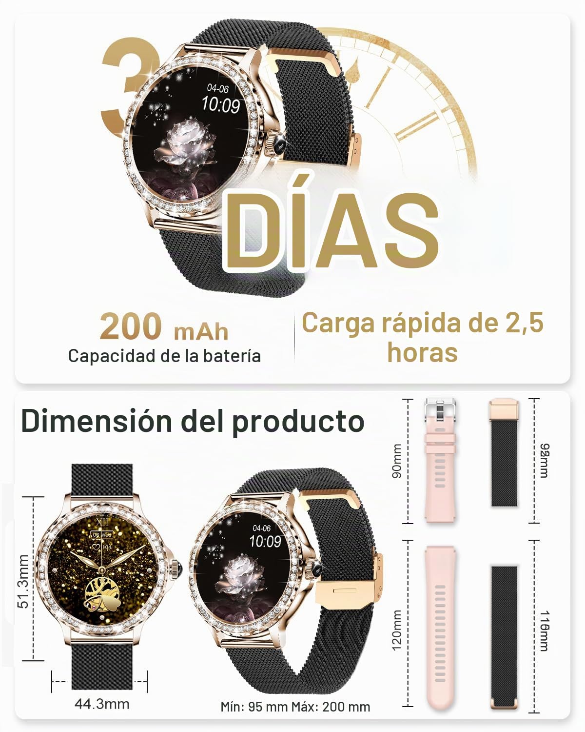 Reloj Inteligente Mujer con Llamadas, 1.3" HD Smartwatch Mujer Redondo con 2 Correas, Función Femenina, Monitor Sueño, SpO2, Caloría, Pulsómetro, IP68 Relojes Inteligentes para Android iOS, Negro