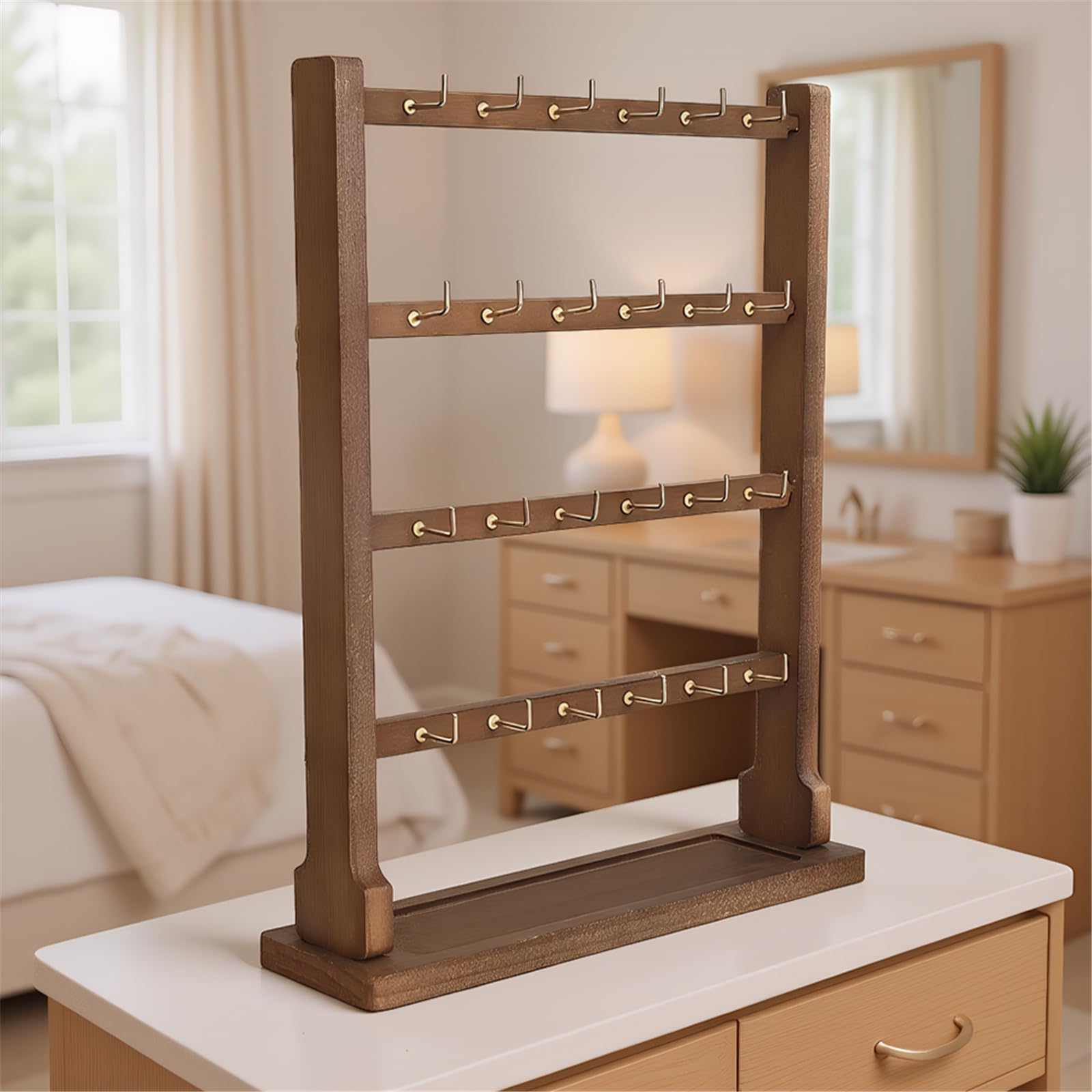 Wooden Jewelry Display Stand with Hook Bracelet Pin Storage Rack (Walnut 4 Tier)