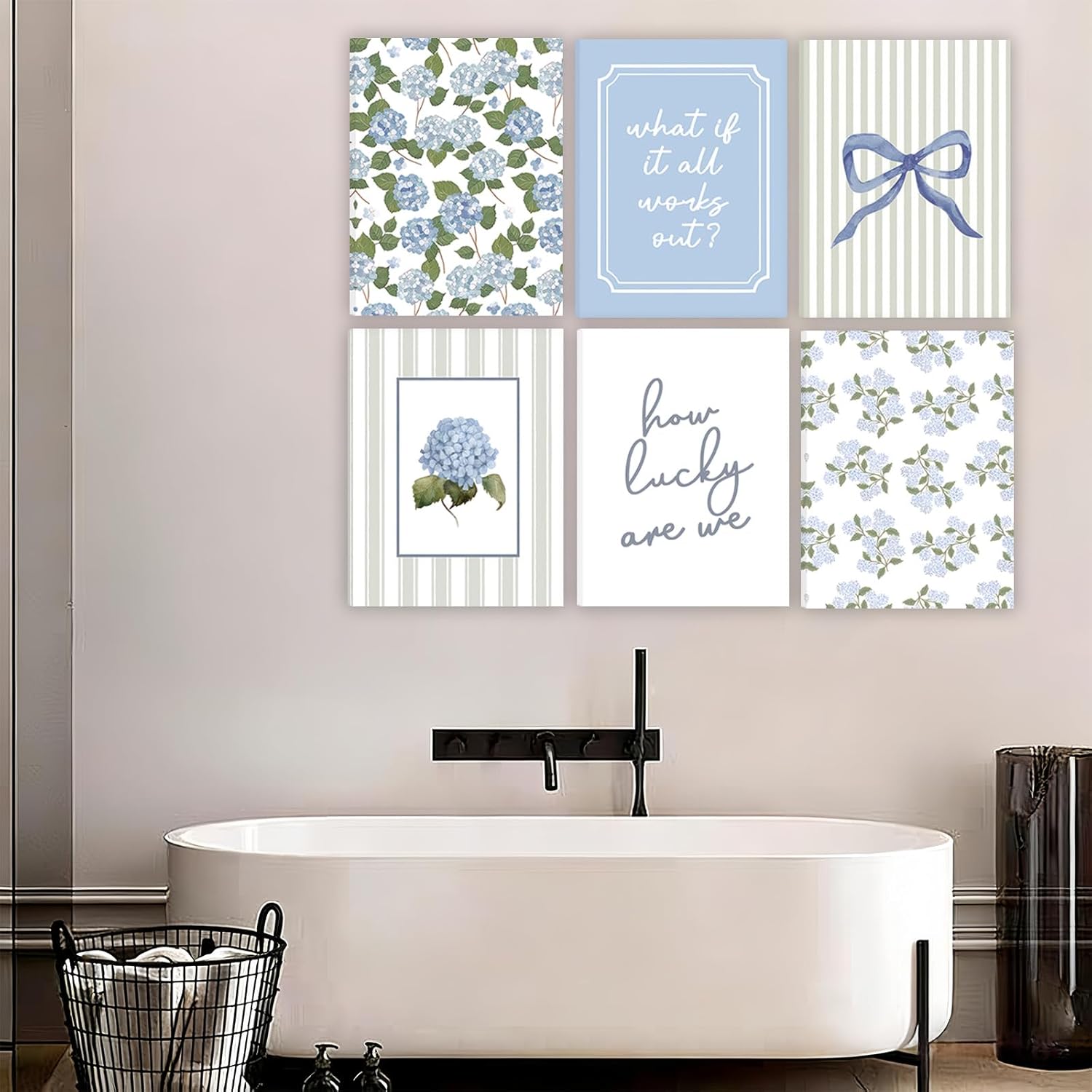 6 Pcs Blue Hydrangea Bow Canvas Wall Art How Lucky Are We Poster Prints Trendy Striped Coquette Paintings Pictures Sage Green Coastal Preppy Aesthetic Wall Decor for Girl Room Bedroom Living Room Office Dorm Apartment 8x10 Inch(Stretched Canvas On A Wooden Frame)