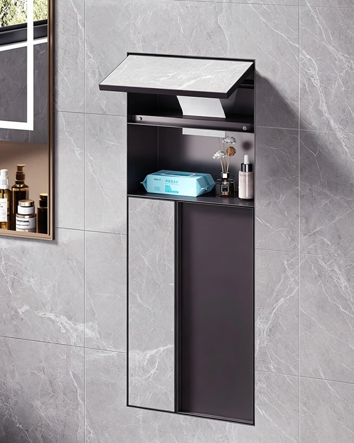 Hidden Wall Mount Shower Niche Toilet Paper Holder, Tileable Recessed Tissue Holder with Trash Bin and Toilet Brush, Concealed Bathroom Storage with Shelf