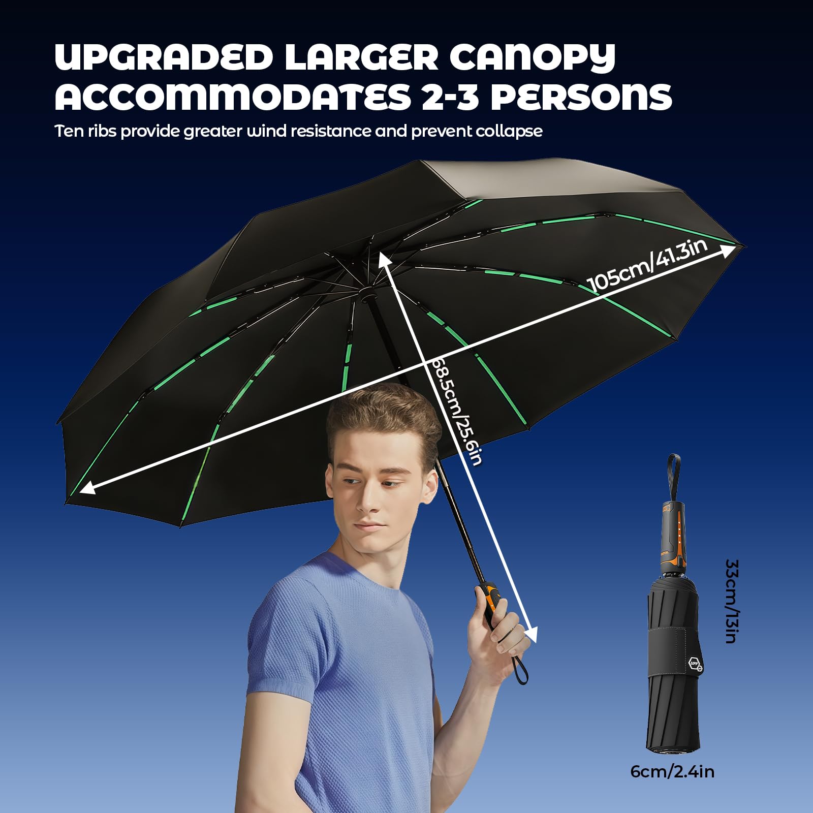 auvstar Parapluie Pliant RéSistant aux Vents Jusqu'à 140 Km/H, Grand Parapluie，UPF 50+, 105 cm Extra Large, 60 Fibres de Verre, Ouverture Automatique, Fermeture à vis et RevêTement en RéSine