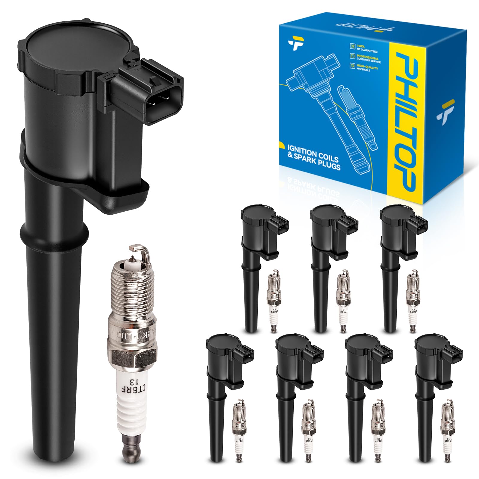 PHILTOP 8 Ignition Coil &amp; 8 Spark Plugs Set Fit for Navigator Mustang GT
