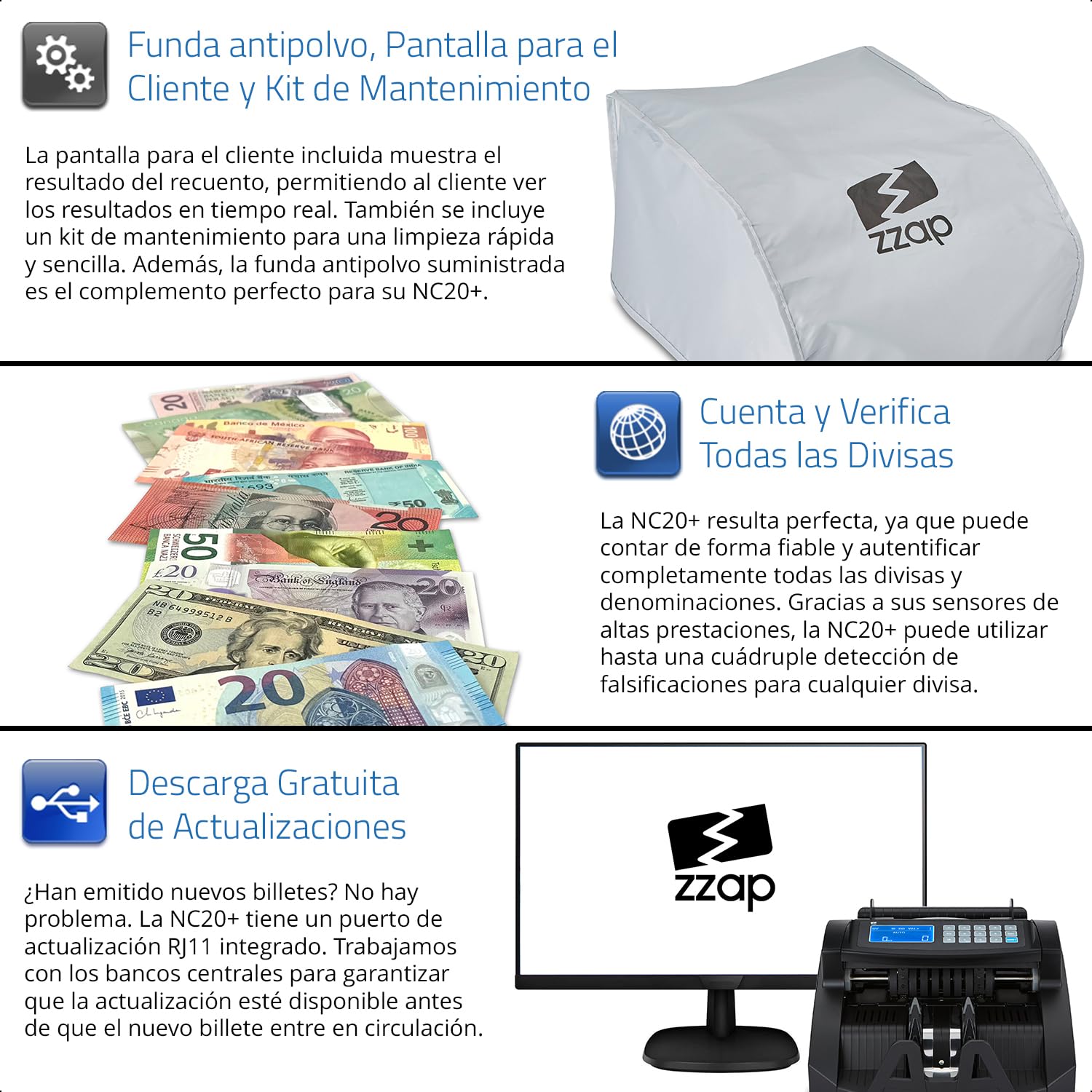 ZZap NC20+ Contadora de billetes y detector de falsificaciones – Cuenta 1.000 billetes por minuto, recuento por lotes, detección de falsificaciones en 4 niveles ¡y más!