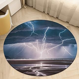 2.5 ft Round Area Rug for Bedroom Water Absorbent Coral Velvet Low Pile Floor Carpet Boho Non-Slip Backing Thunder and Lightning Throw Rug Machine Washable Bathroom Mat for Tub Shower Toilet