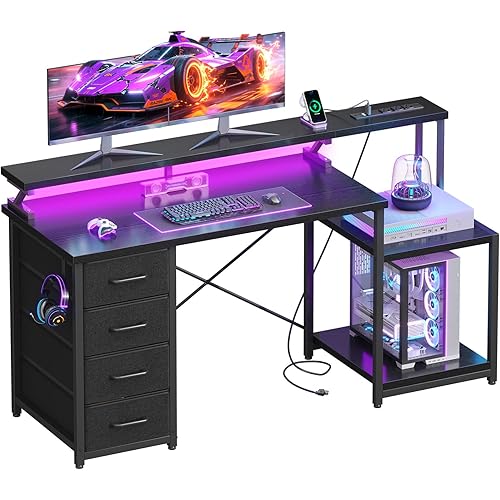 ODK 55 Inch Computer Gaming Desk with Power Outlets & 4 Drawers, Home Office Desk with Monitor Stand & Printer Shelves, Black