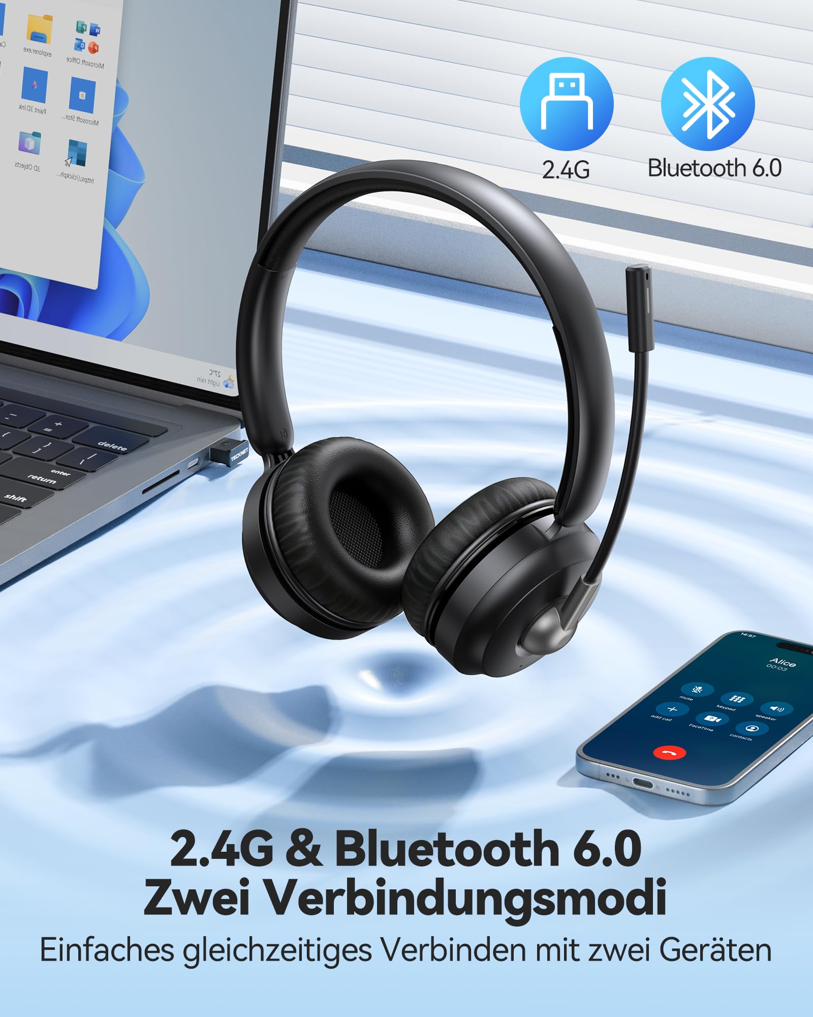 TECKNET V6.0 Bluetooth Headset mit Mikrofon, kabellos Headset mit ENC-Störunterdrückung&EIN-Tasten-Stumm, aufladbare kabellose Kopfhörer mit Ohrumschluss, 50h Akku Büro, Trucker, Callcenter – Schwarz