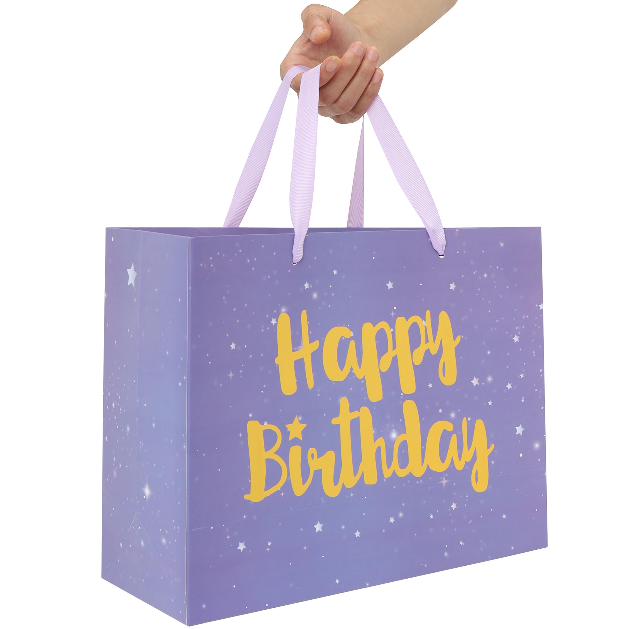 Qirrmiy 13” Large Purple Happy Birthday Gift Bag Set with Handles, Greeting Card, Lavender Tissue Papers and Stickers for Women Girls Kids, Stars Design, 1 Pcs.